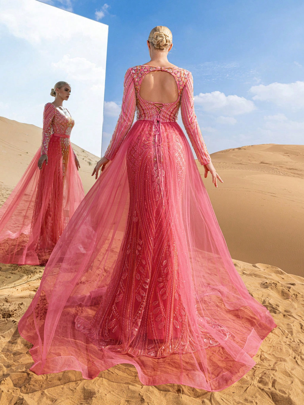 Luxury Square Neck Mesh Overlay Mermaid Hem Graphic Beaded Formal Dresses & Evening Gowns