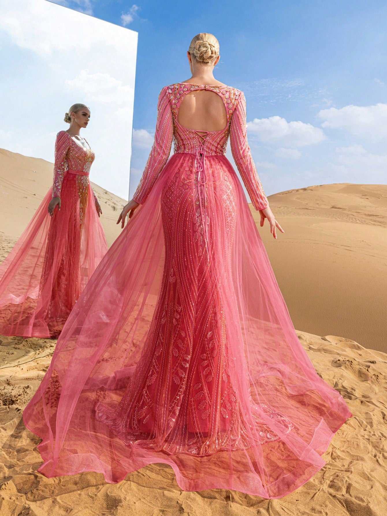 Luxury Square Neck Mesh Overlay Mermaid Hem Graphic Beaded Formal Dresses & Evening Gowns