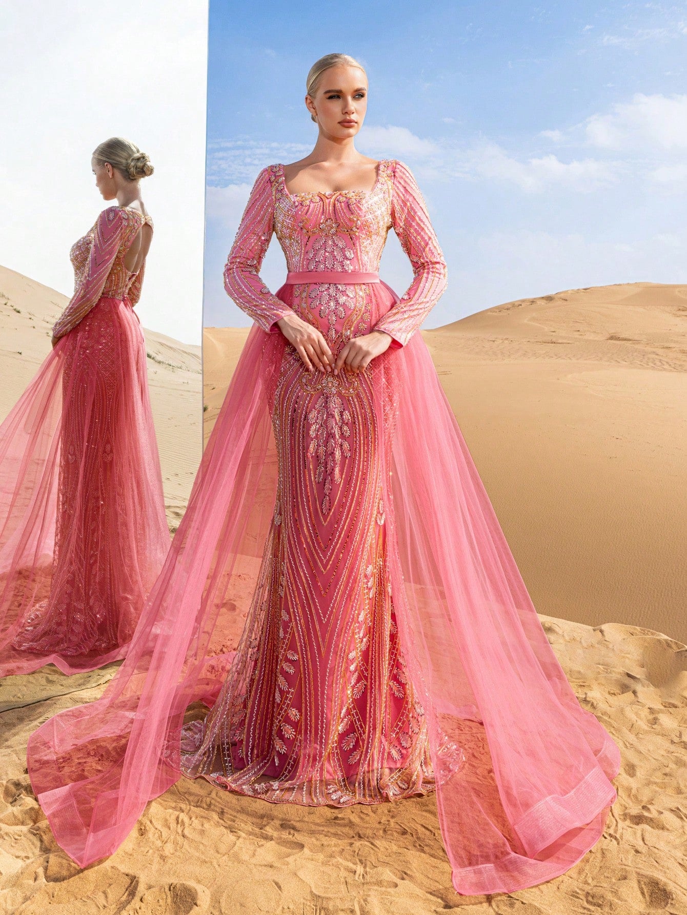 Luxury Square Neck Mesh Overlay Mermaid Hem Graphic Beaded Formal Dresses & Evening Gowns