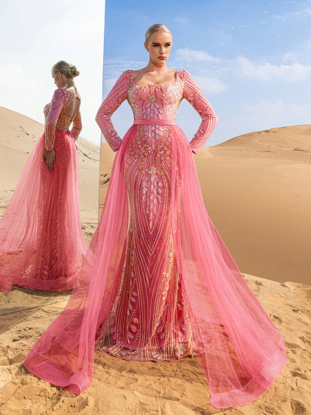 Luxury Square Neck Mesh Overlay Mermaid Hem Graphic Beaded Formal Dresses & Evening Gowns