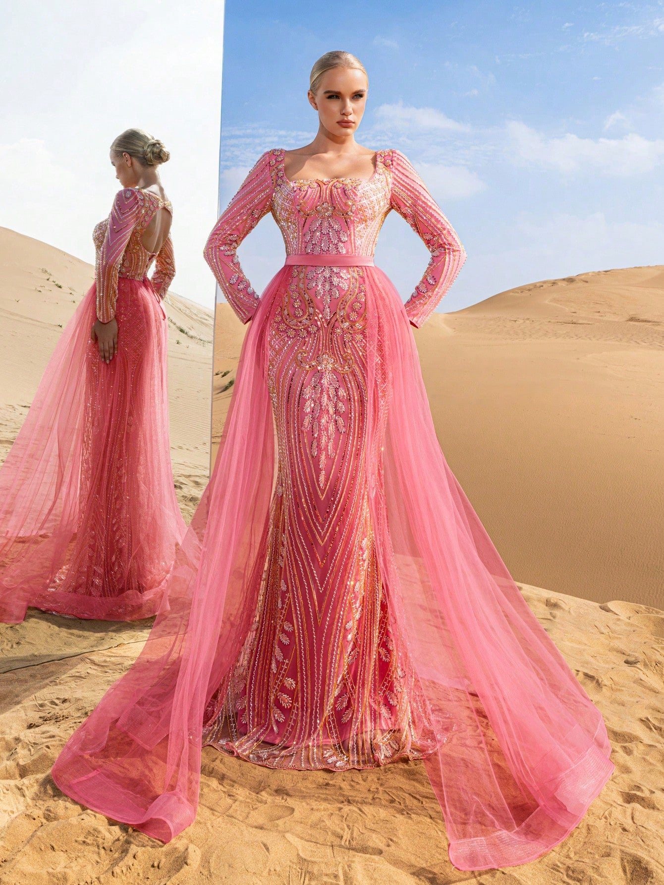 Luxury Square Neck Mesh Overlay Mermaid Hem Graphic Beaded Formal Dresses & Evening Gowns