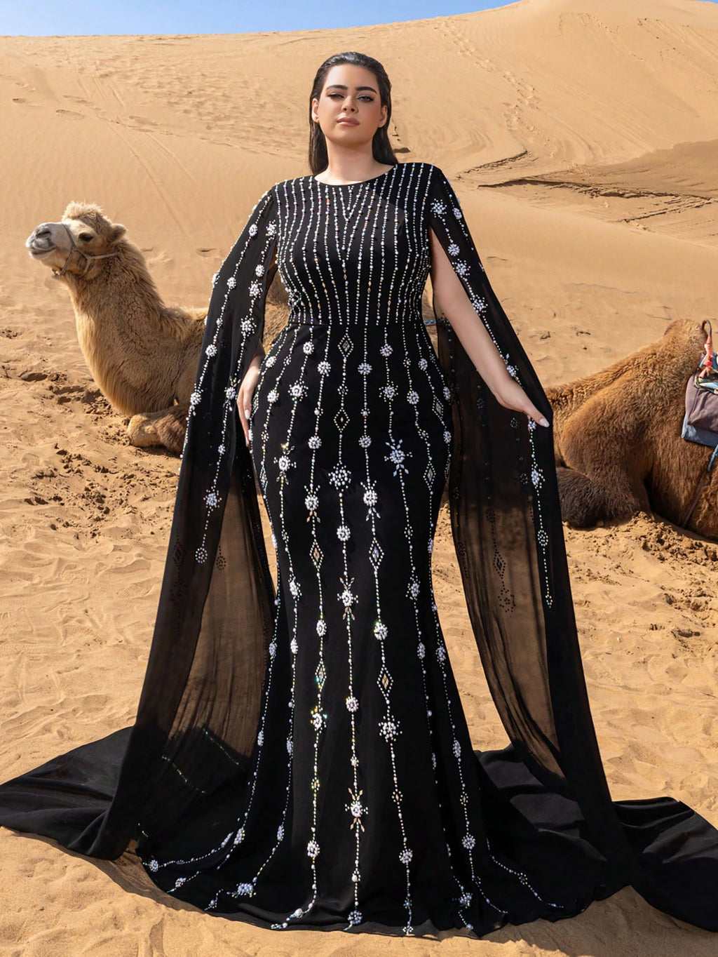 Plus Gorgeous Rhinestone Detail Extra-Long Sleeves Beaded Formal Dresses & Evening Gowns Dress