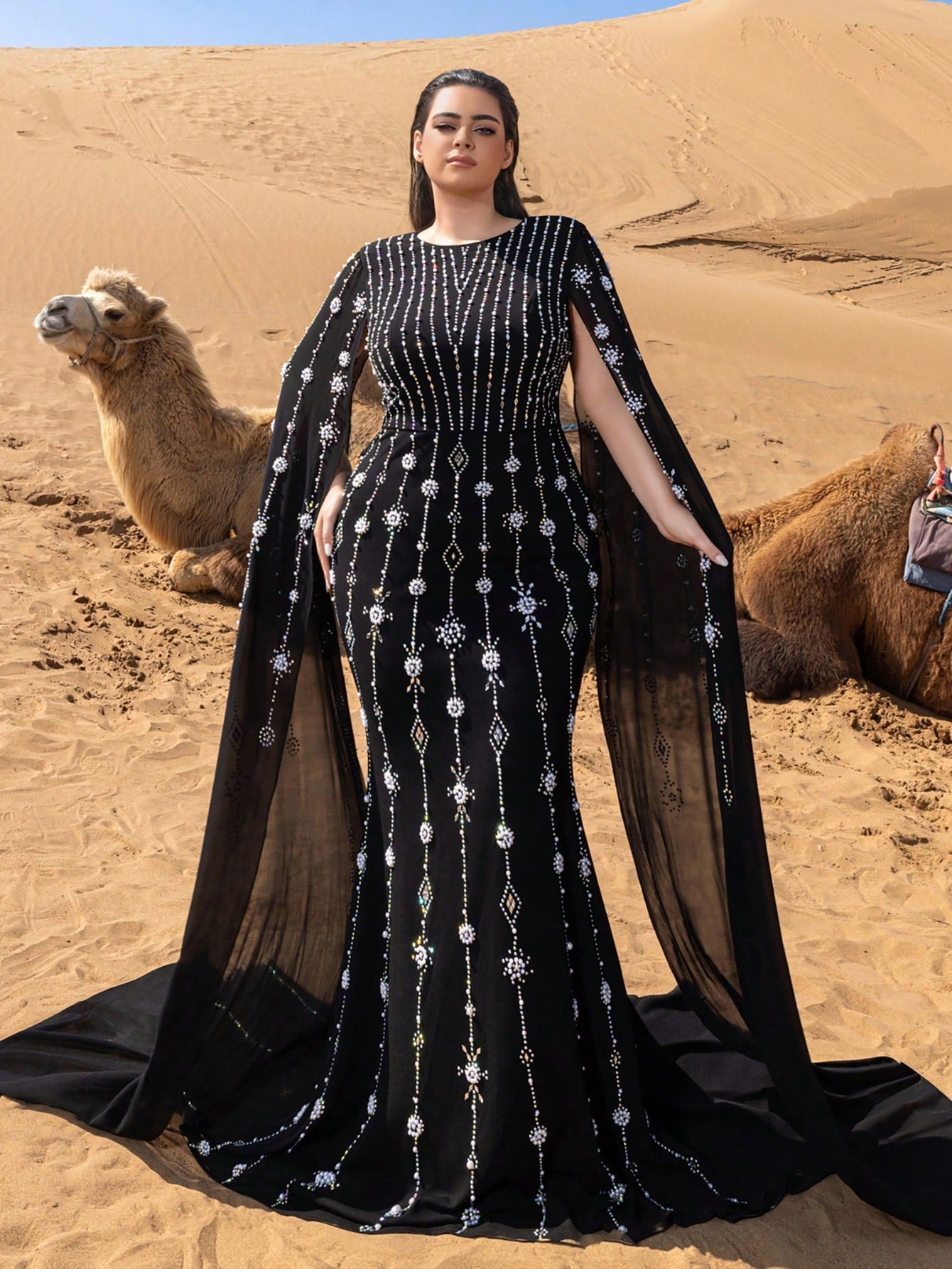 Plus Gorgeous Rhinestone Detail Extra-Long Sleeves Beaded Formal Dresses & Evening Gowns Dress