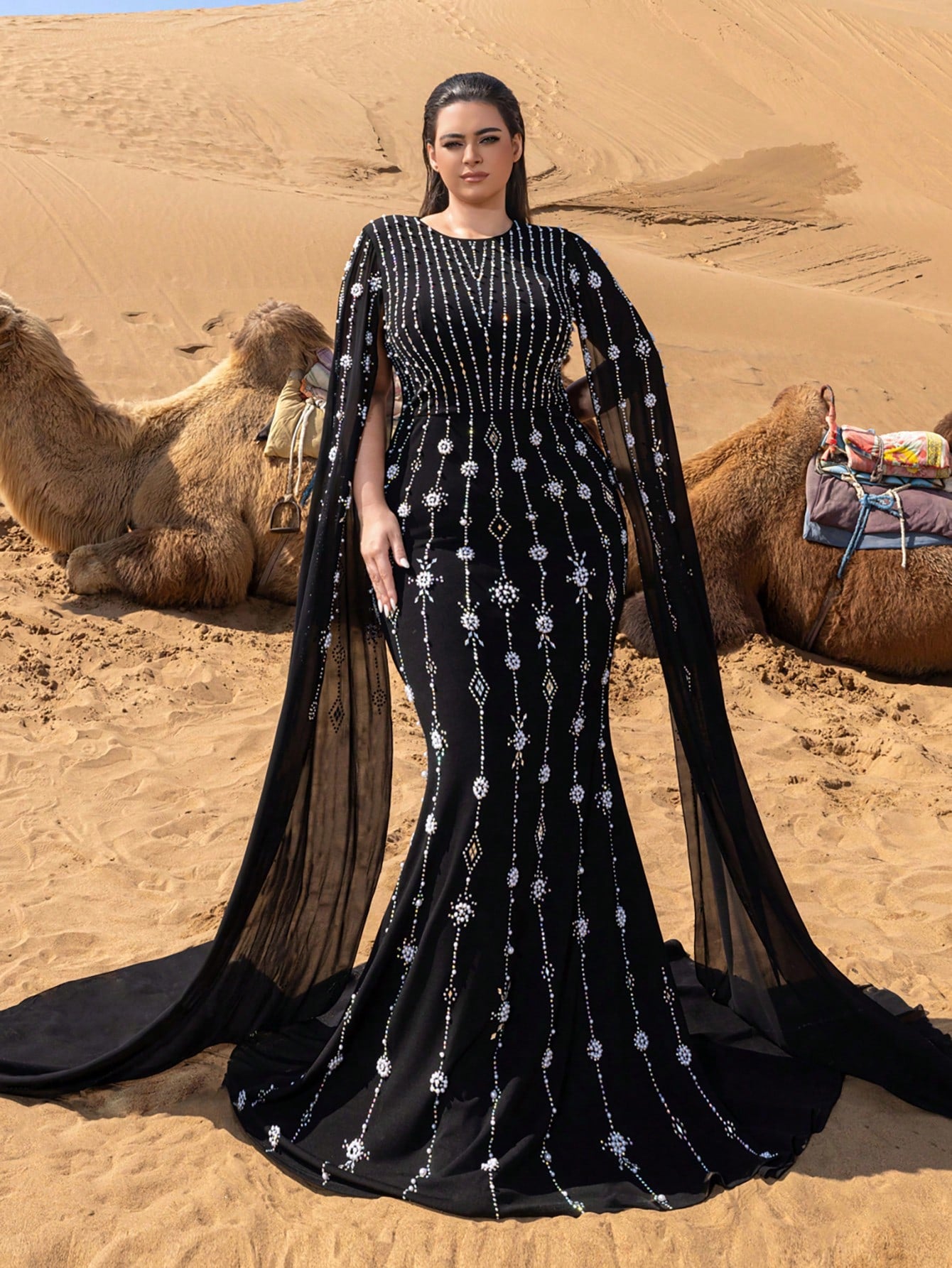 Plus Gorgeous Rhinestone Detail Extra-Long Sleeves Beaded Formal Dresses & Evening Gowns Dress