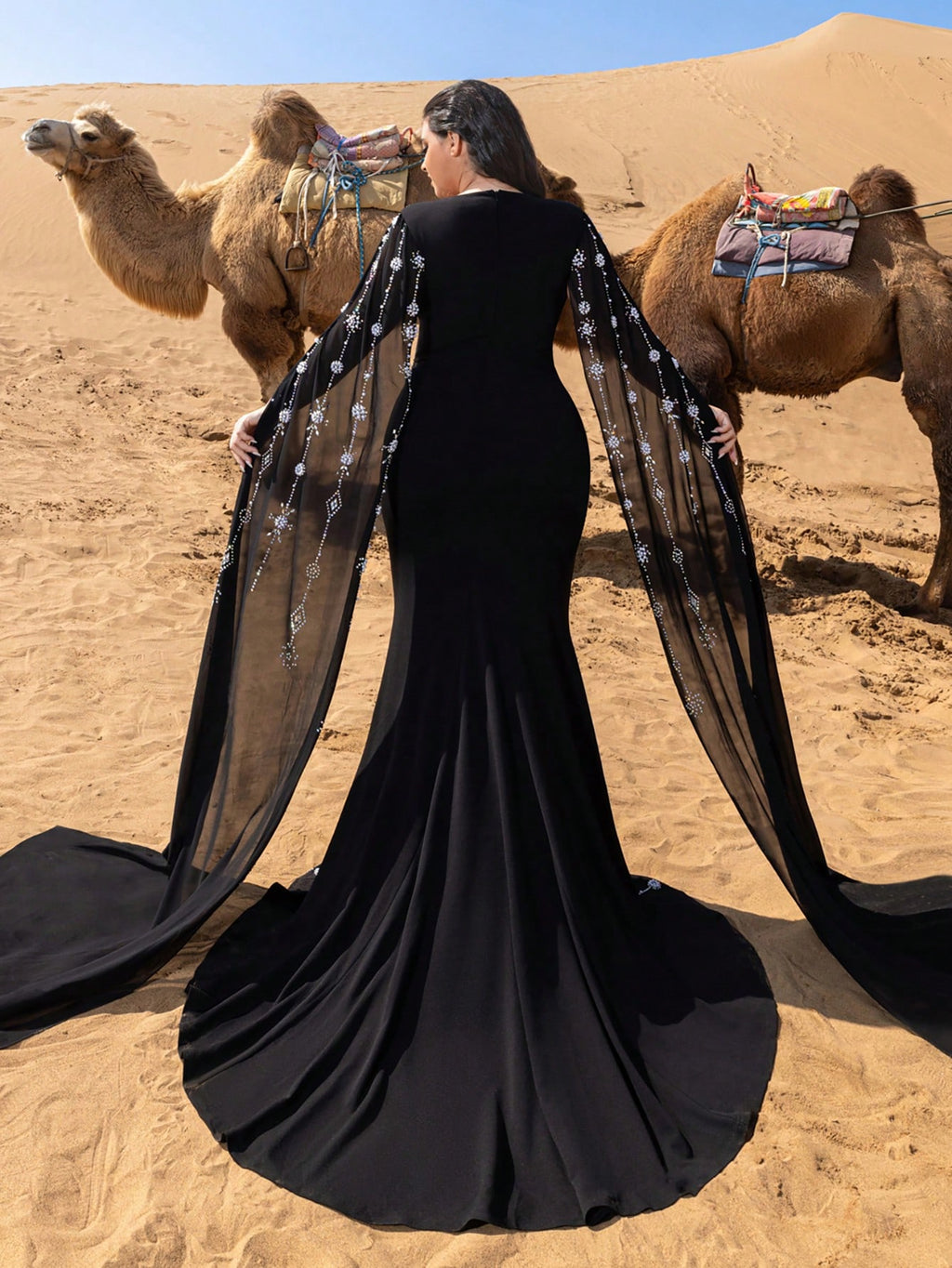 Plus Gorgeous Rhinestone Detail Extra-Long Sleeves Beaded Formal Dresses & Evening Gowns Dress