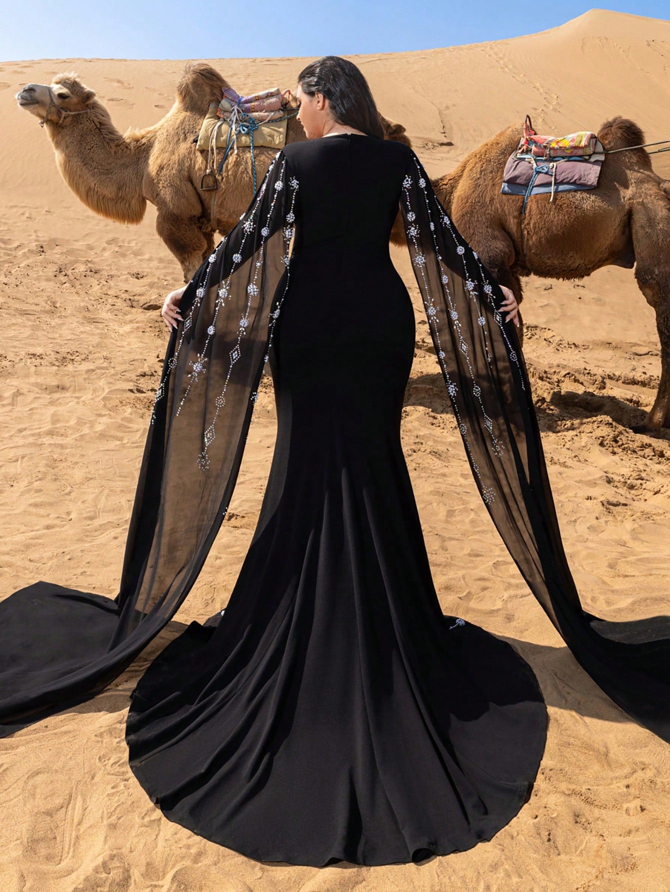 Plus Gorgeous Rhinestone Detail Extra-Long Sleeves Beaded Formal Dresses & Evening Gowns Dress