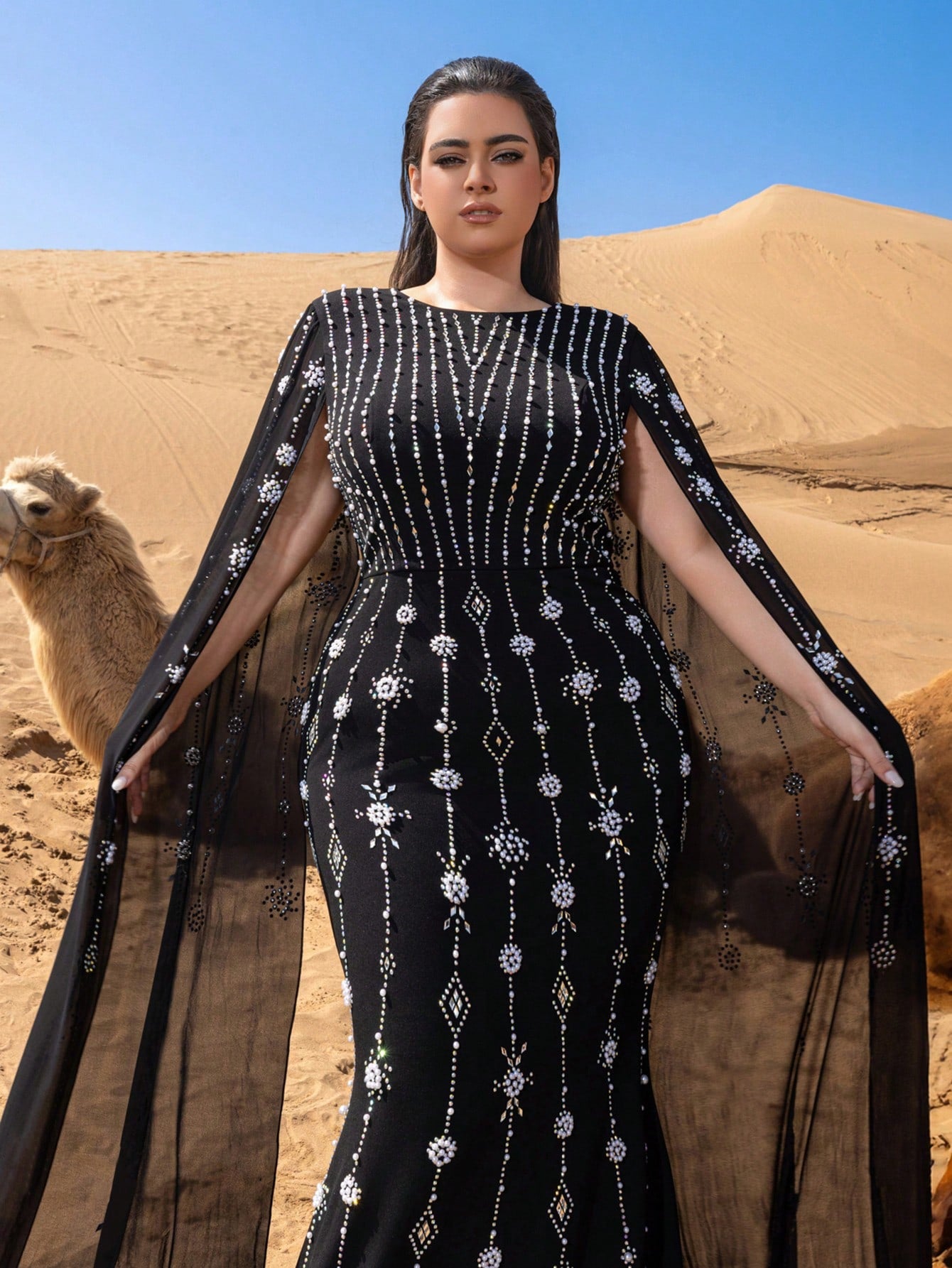 Plus Gorgeous Rhinestone Detail Extra-Long Sleeves Beaded Formal Dresses & Evening Gowns Dress
