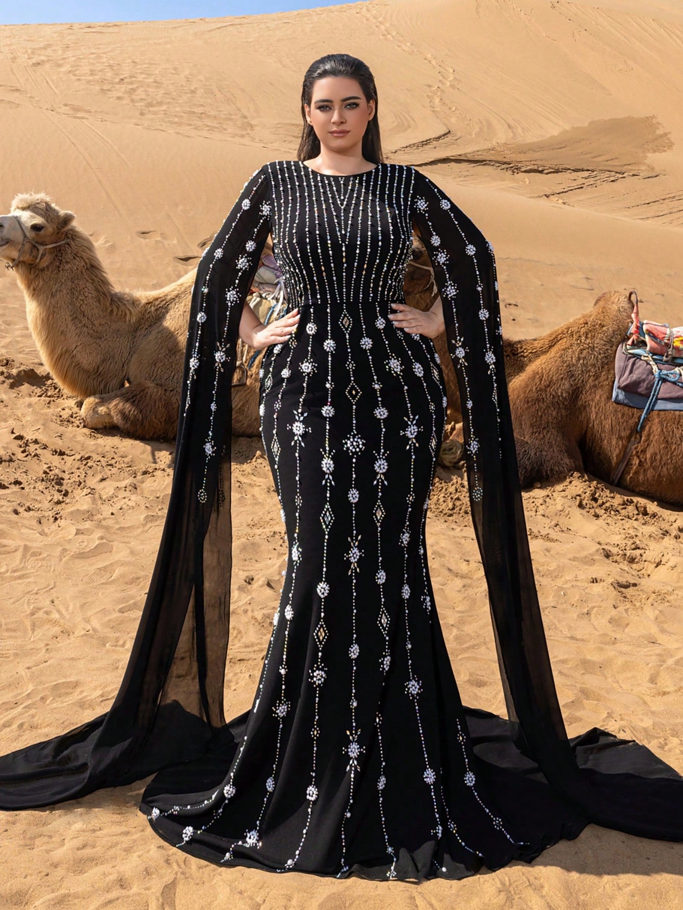 Plus Gorgeous Rhinestone Detail Extra-Long Sleeves Beaded Formal Dresses & Evening Gowns Dress