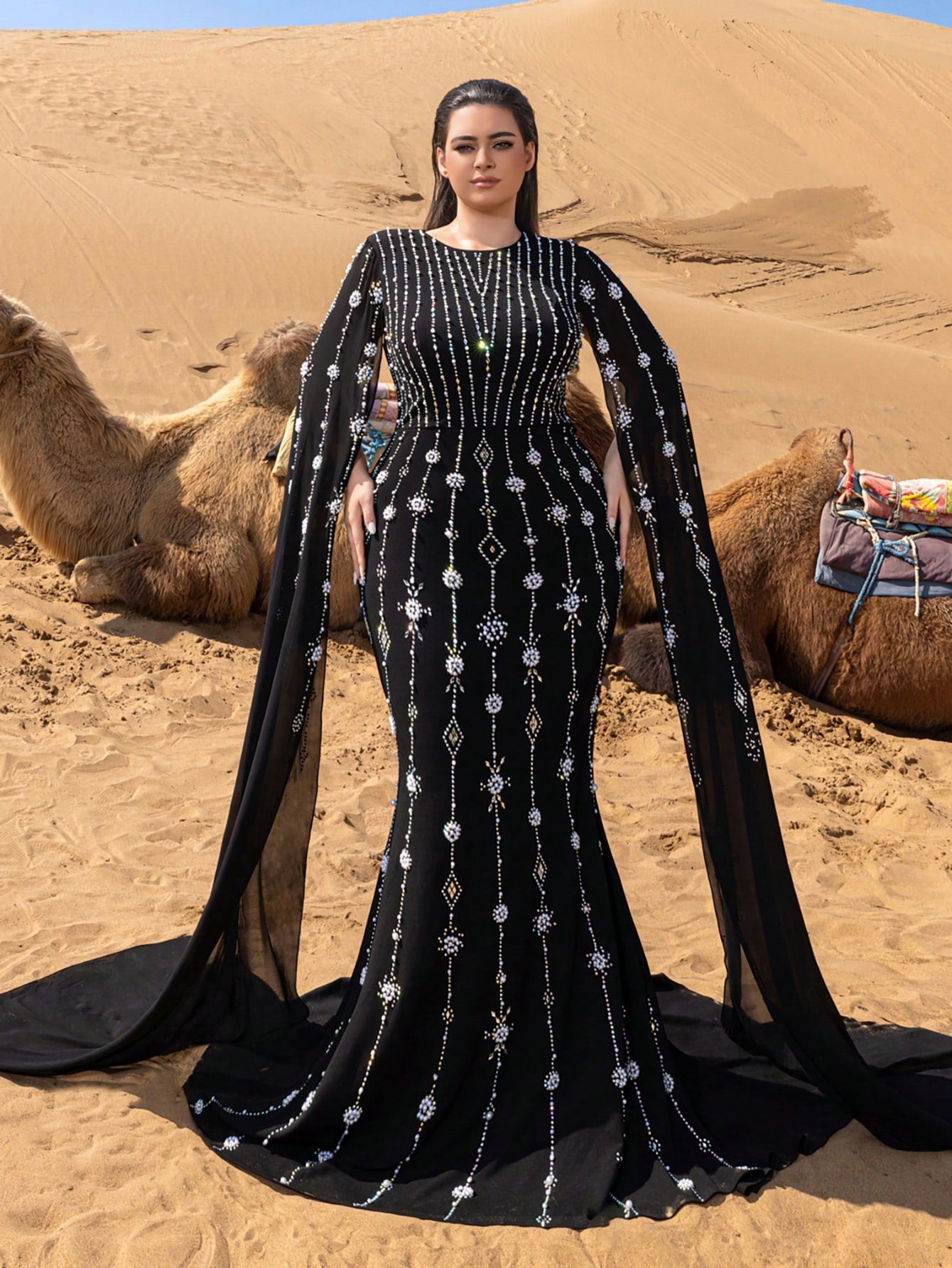 Plus Gorgeous Rhinestone Detail Extra-Long Sleeves Beaded Formal Dresses & Evening Gowns Dress
