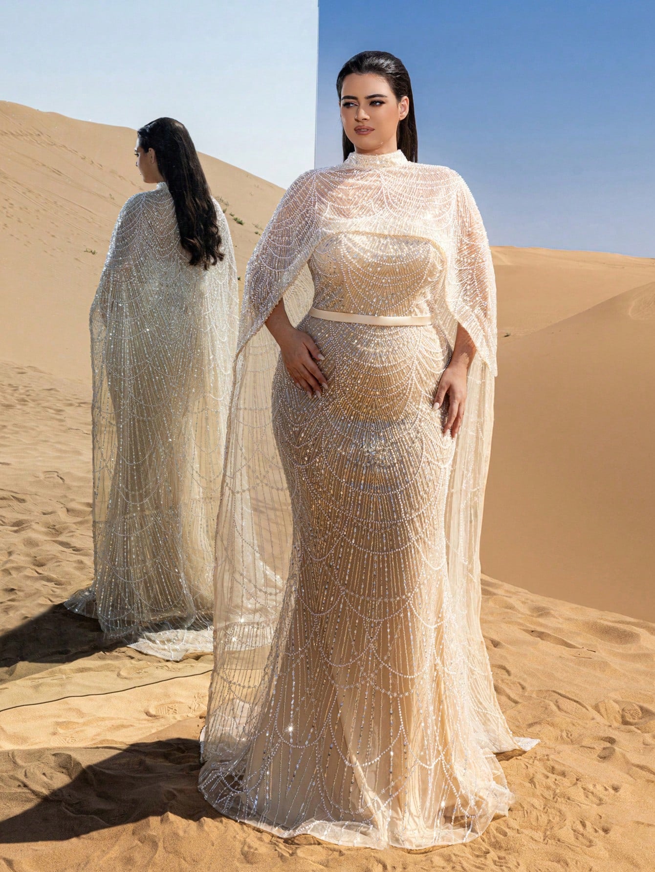 Plus High-Neck Beaded Cape-Sleeve Fishtail Evening Gown with Dramatic Overlay & Intricate Embroidery