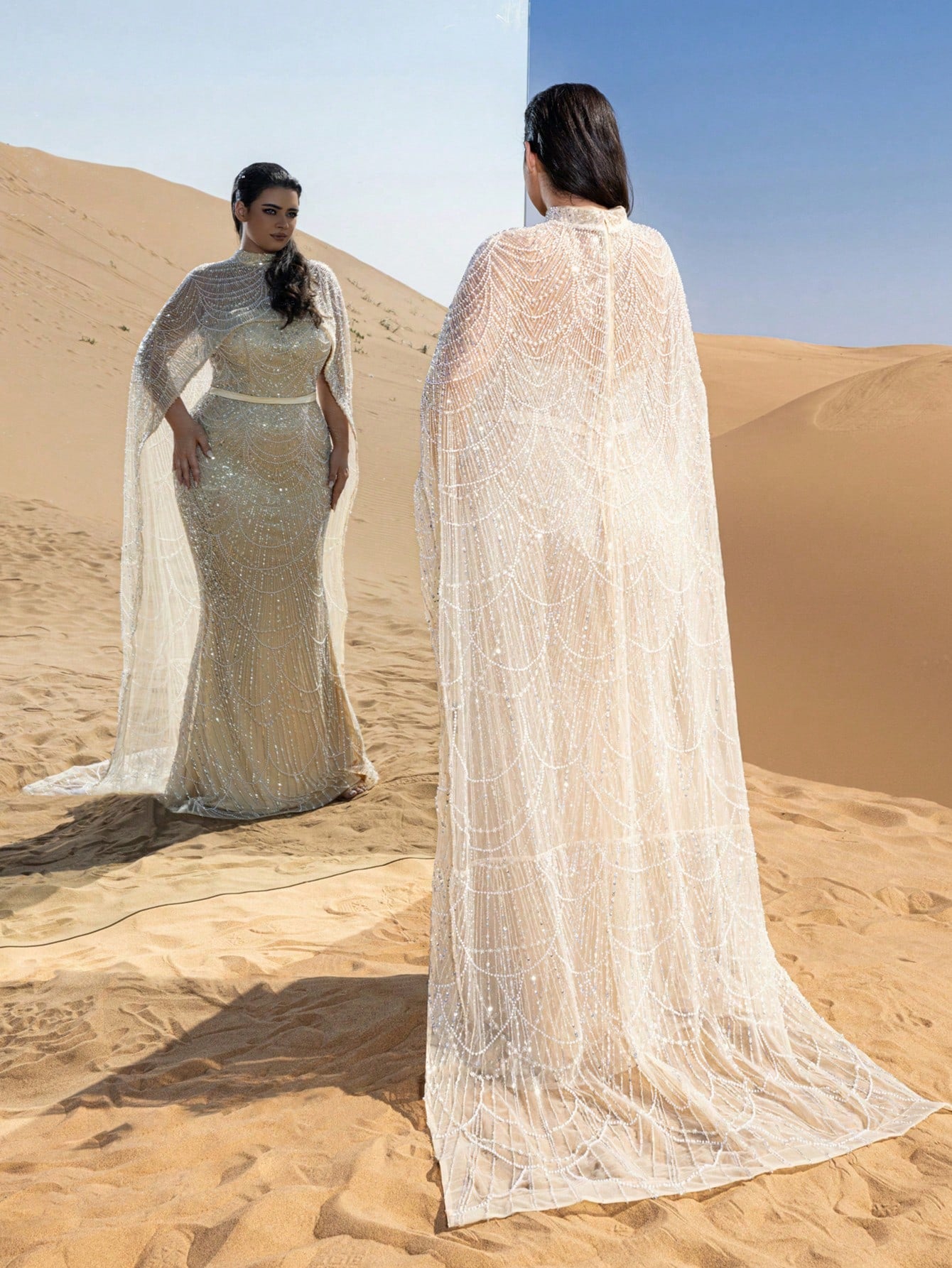 Plus High-Neck Beaded Cape-Sleeve Fishtail Evening Gown with Dramatic Overlay & Intricate Embroidery
