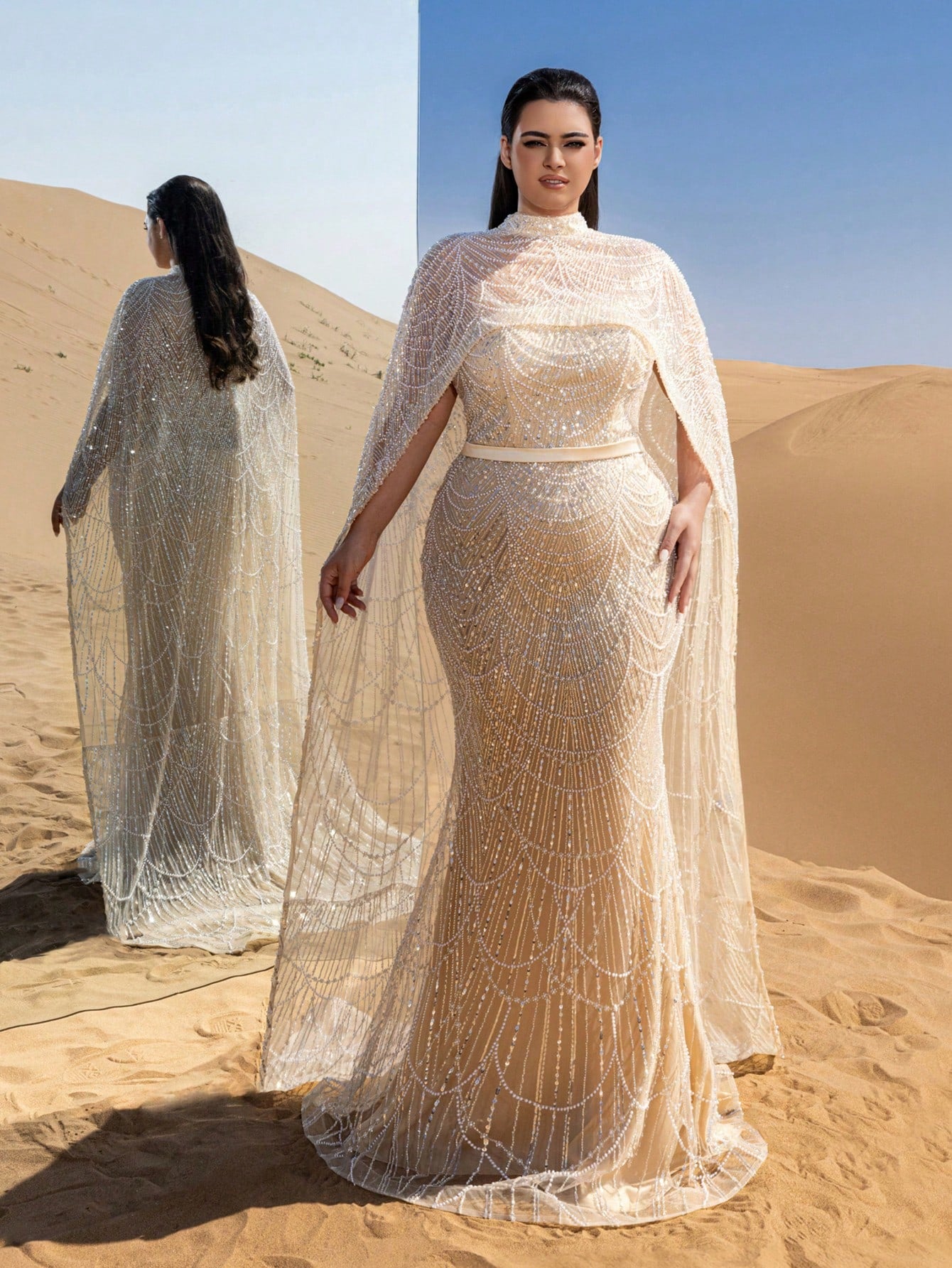 Plus High-Neck Beaded Cape-Sleeve Fishtail Evening Gown with Dramatic Overlay & Intricate Embroidery