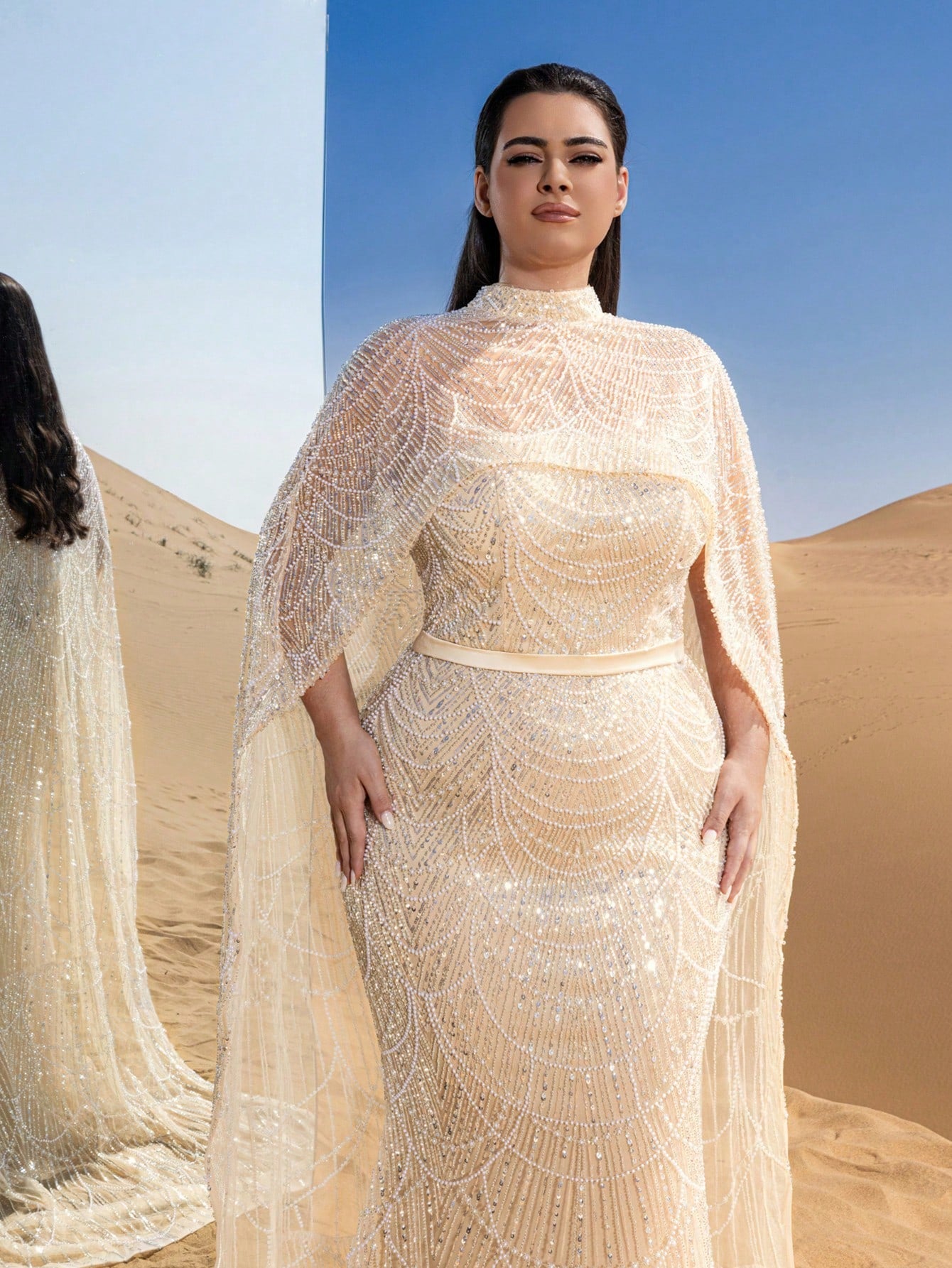 Plus High-Neck Beaded Cape-Sleeve Fishtail Evening Gown with Dramatic Overlay & Intricate Embroidery