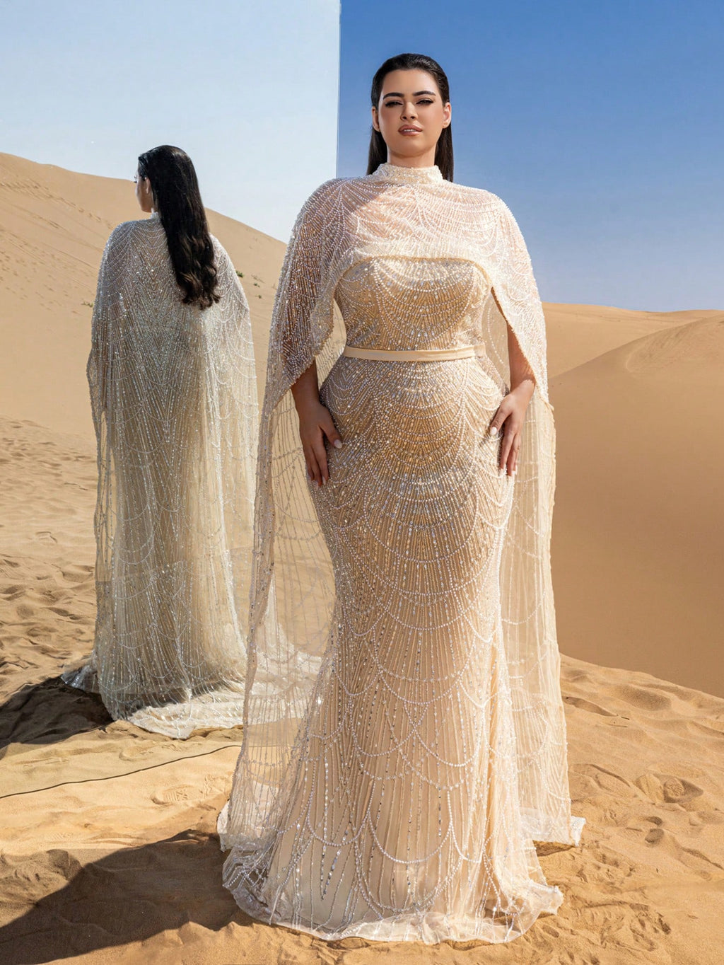 Plus High-Neck Beaded Cape-Sleeve Fishtail Evening Gown with Dramatic Overlay & Intricate Embroidery