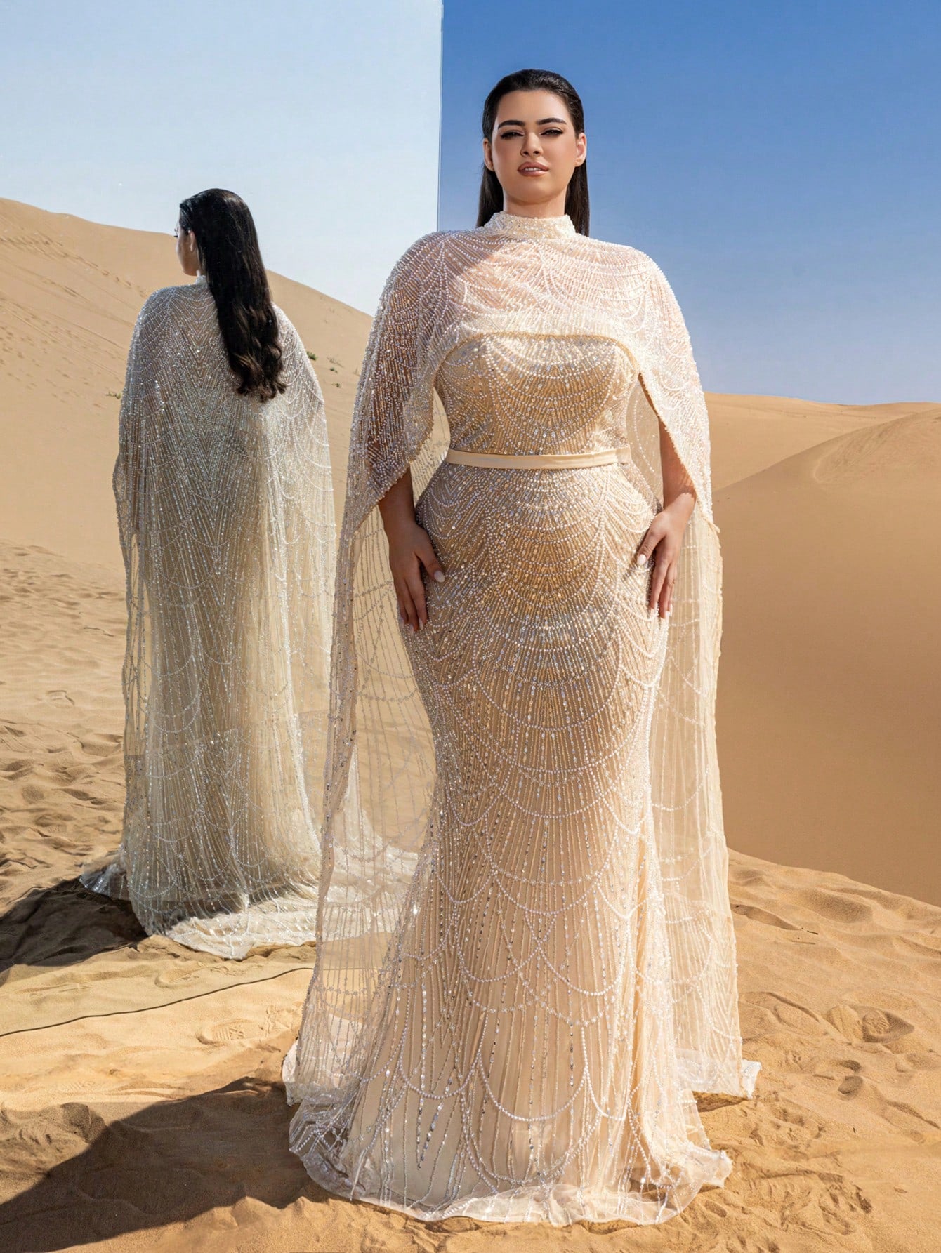 Plus High-Neck Beaded Cape-Sleeve Fishtail Evening Gown with Dramatic Overlay & Intricate Embroidery