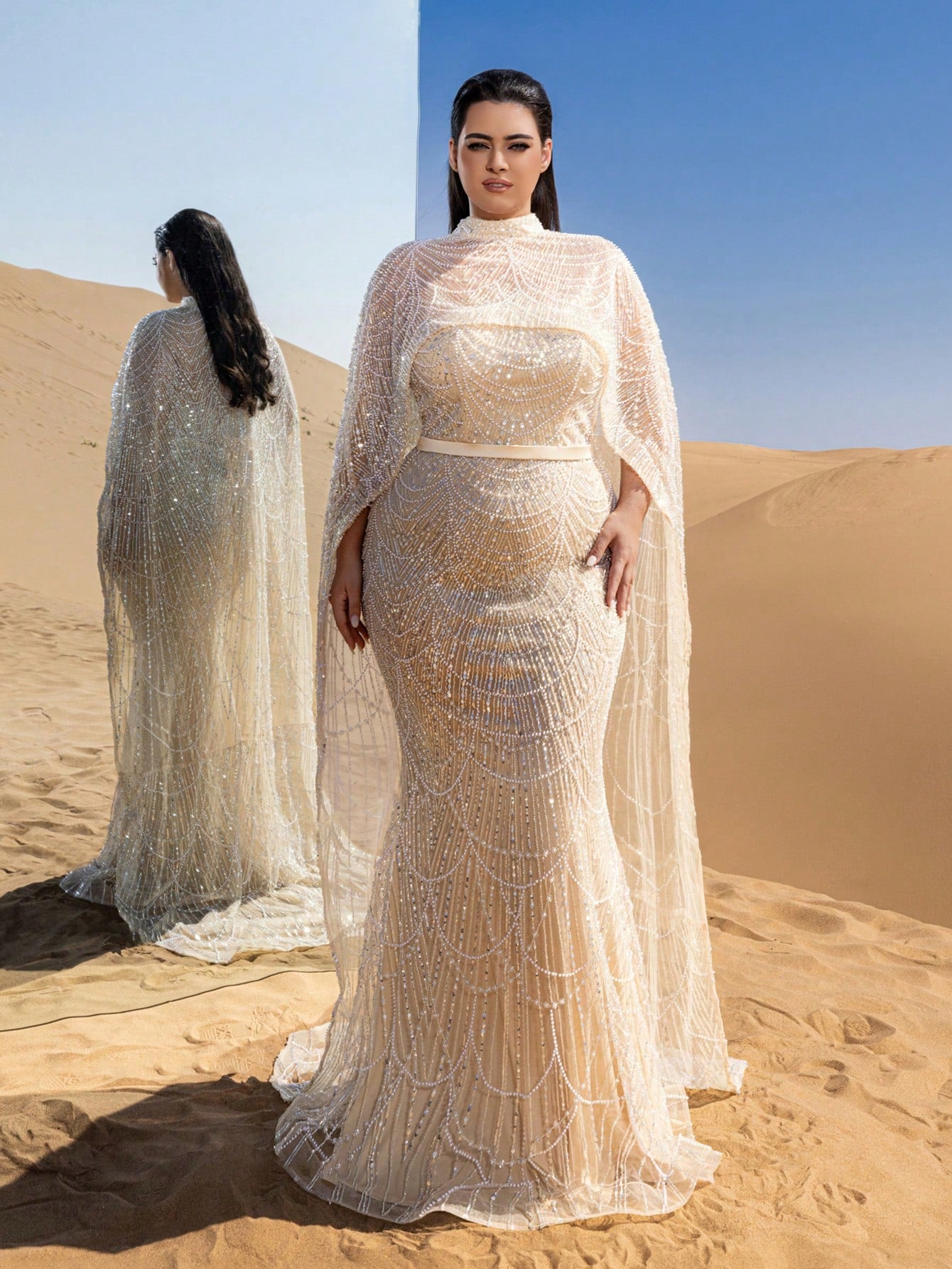 Plus High-Neck Beaded Cape-Sleeve Fishtail Evening Gown with Dramatic Overlay & Intricate Embroidery