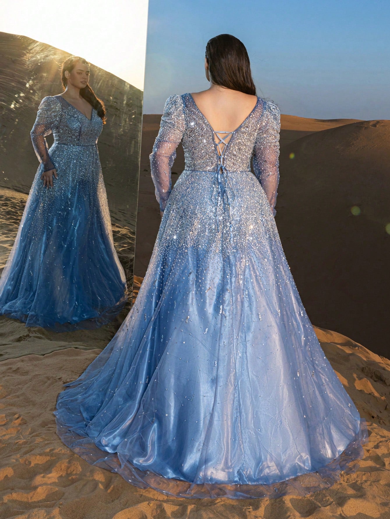 Plus Luxury Backless Sheer Sleeves Beaded Formal Ball Dress & Evening Gowns