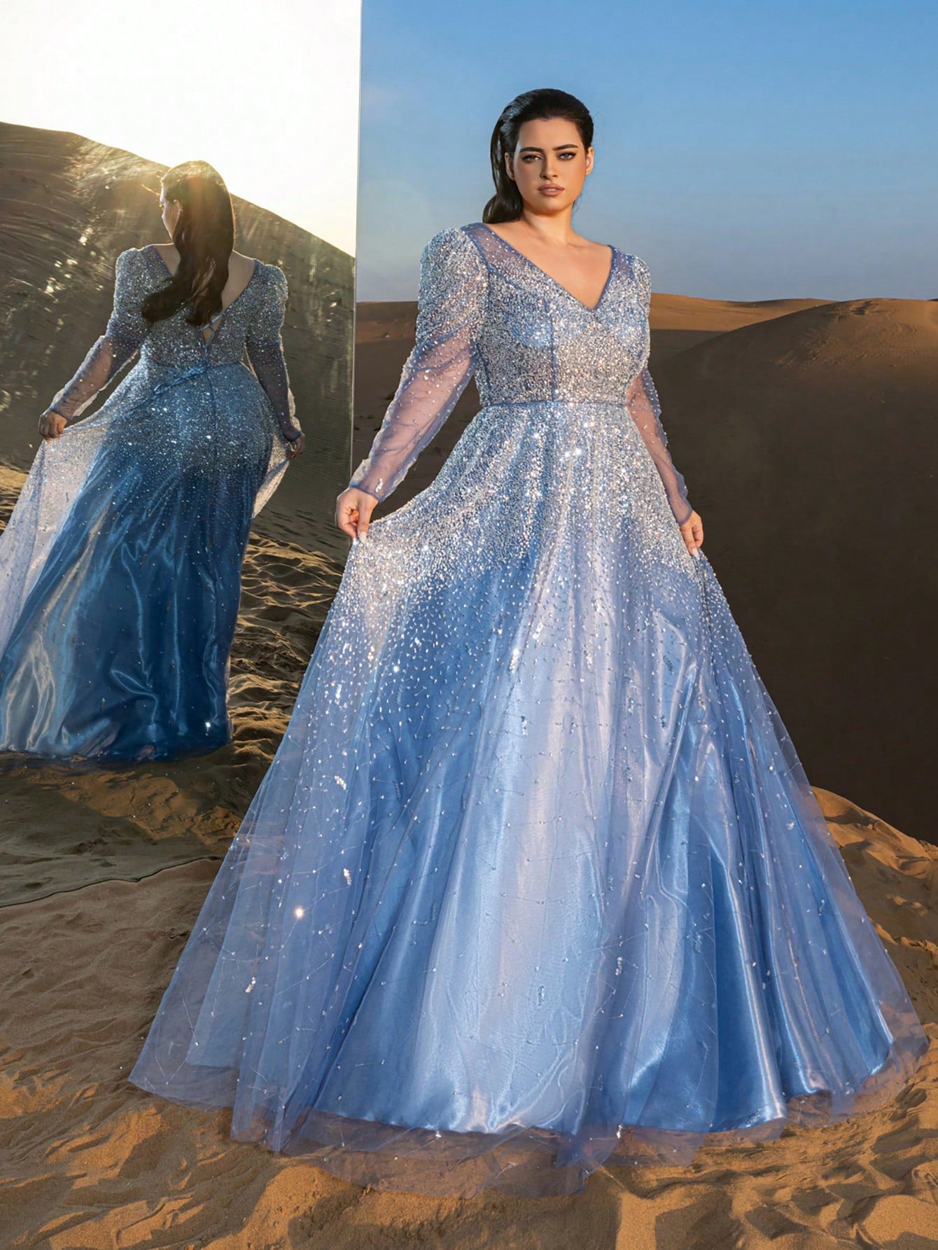 Plus Luxury Backless Sheer Sleeves Beaded Formal Ball Dress & Evening Gowns