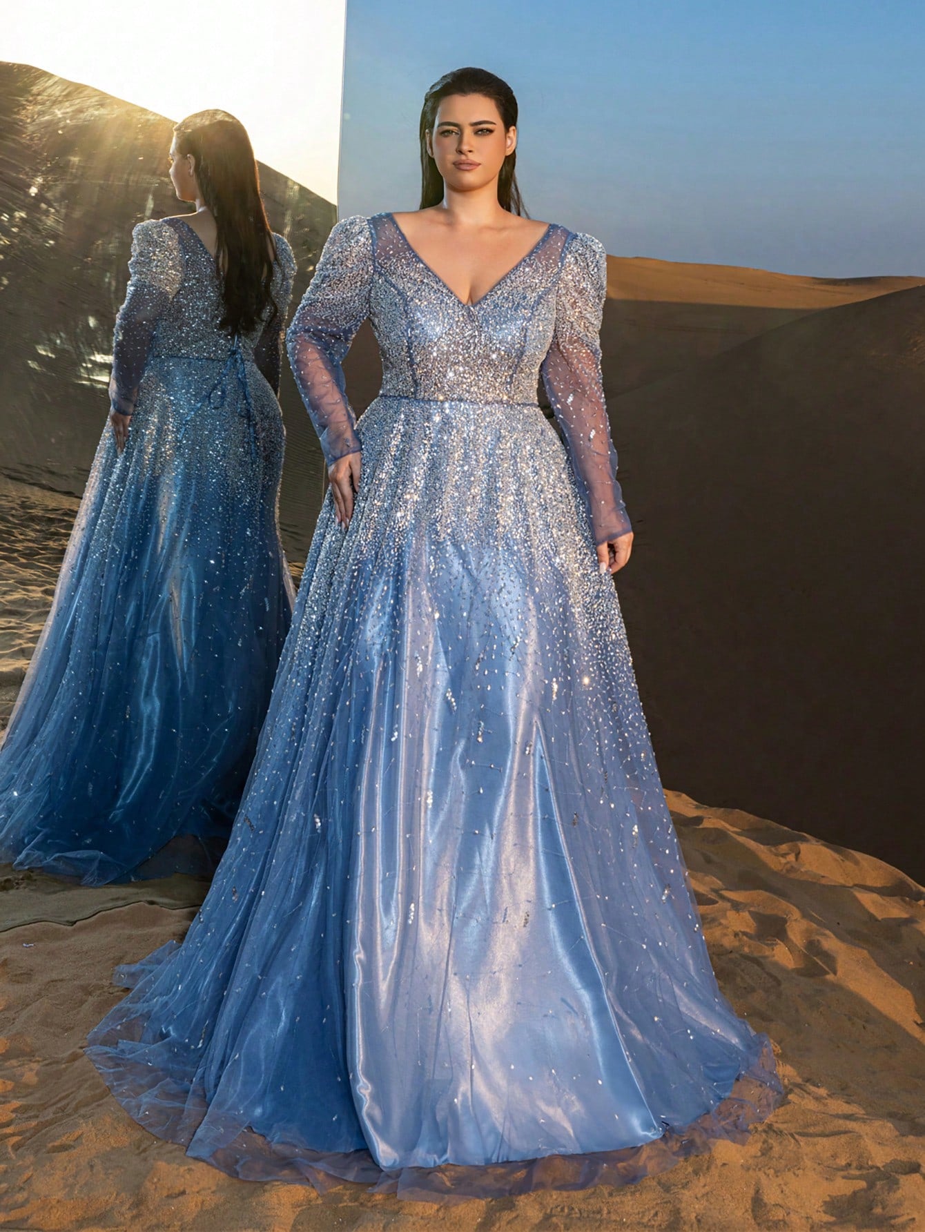 Plus Luxury Backless Sheer Sleeves Beaded Formal Ball Dress & Evening Gowns
