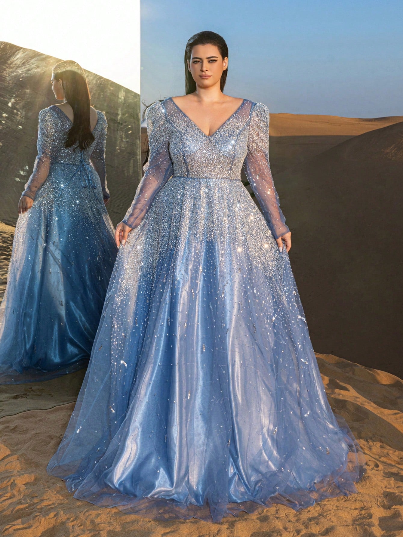 Plus Luxury Backless Sheer Sleeves Beaded Formal Ball Dress & Evening Gowns