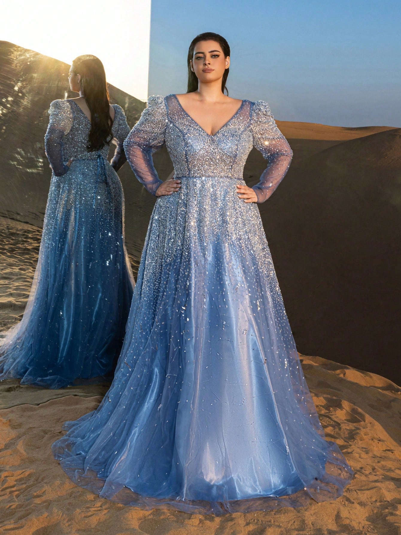 Plus Luxury Backless Sheer Sleeves Beaded Formal Ball Dress & Evening Gowns