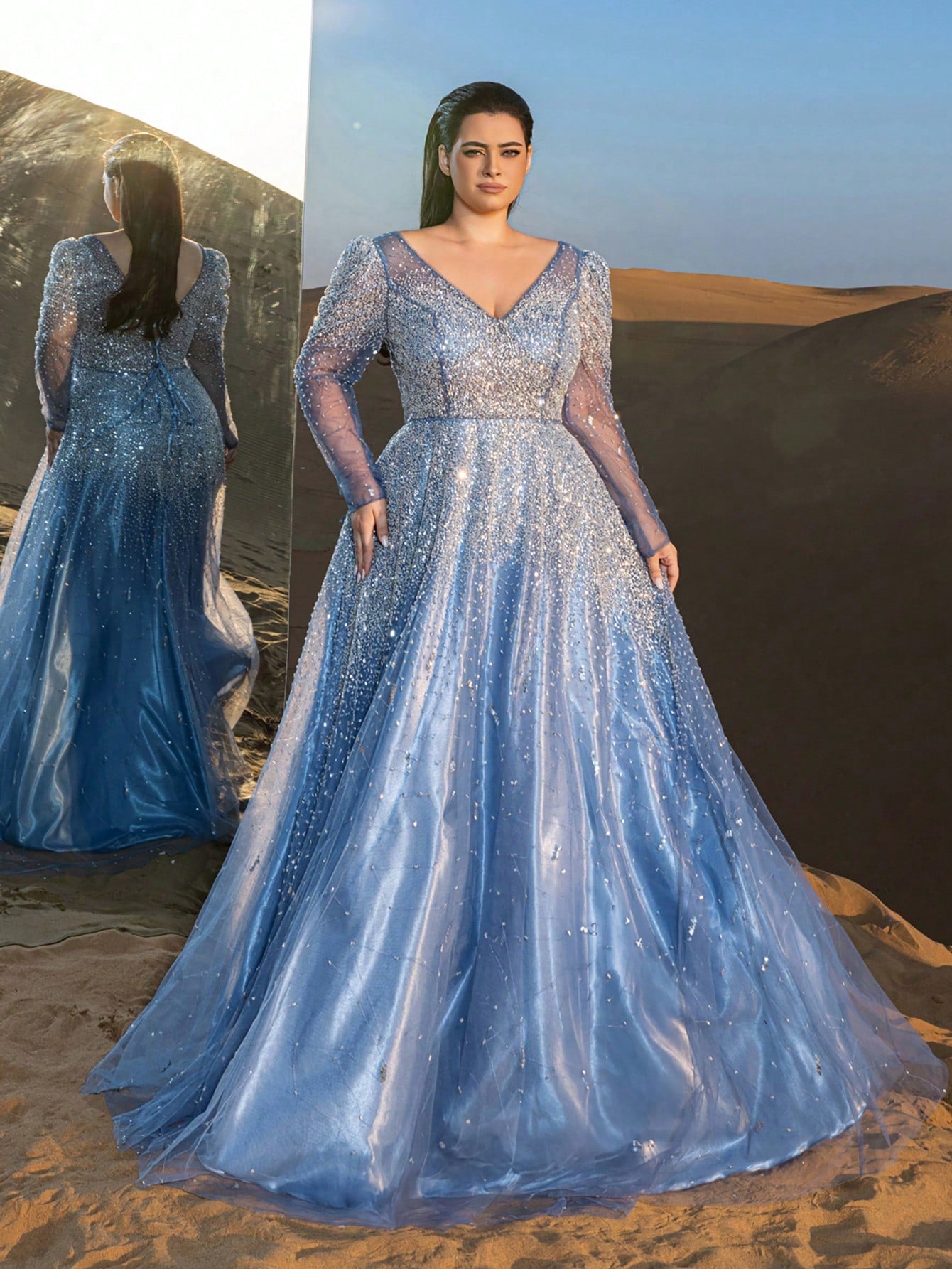 Plus Luxury Backless Sheer Sleeves Beaded Formal Ball Dress & Evening Gowns