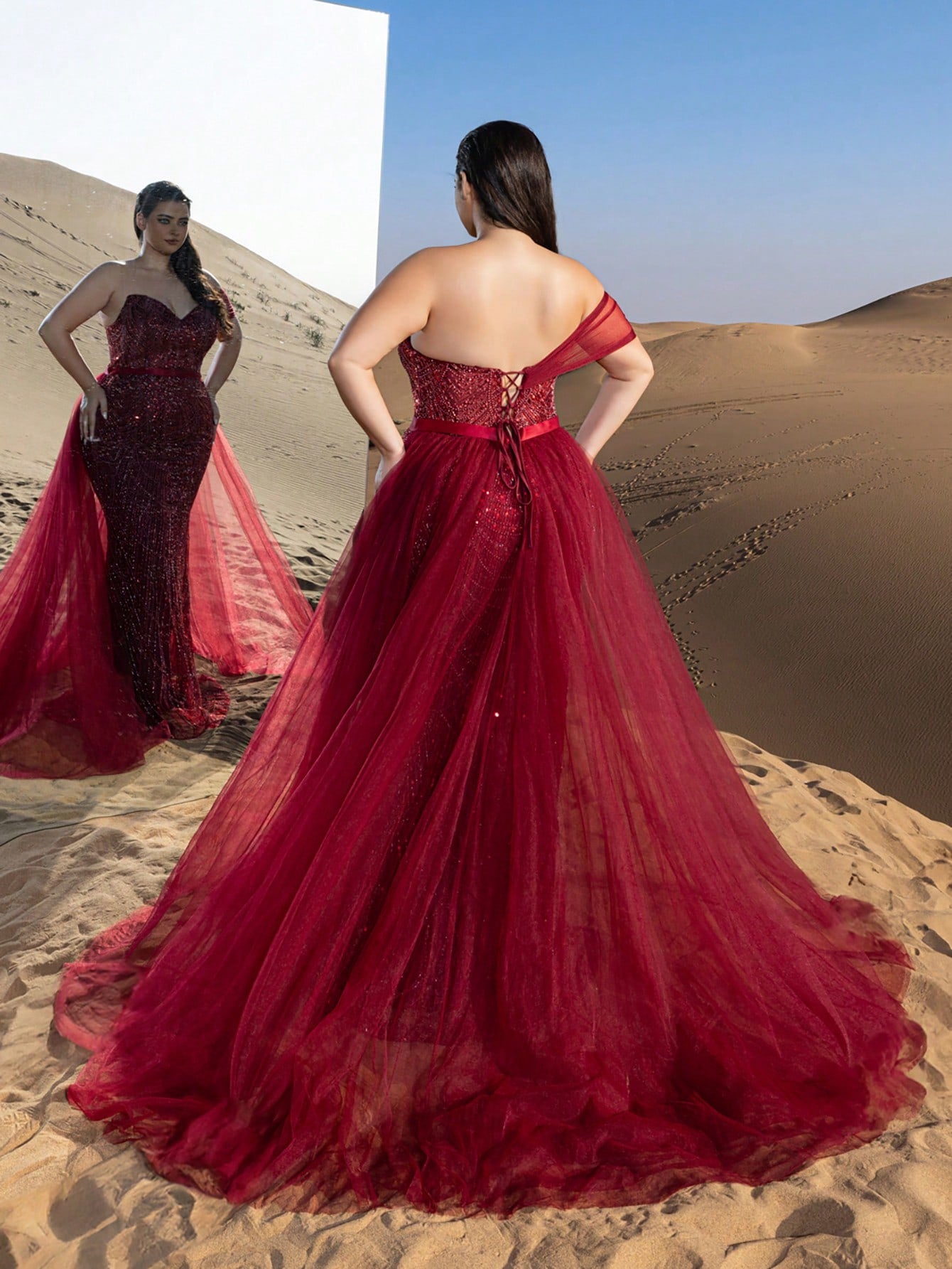 Plus Strapless Tulle Train Mermaid Hem Beaded Formal Prom Dresses & Evening Gowns