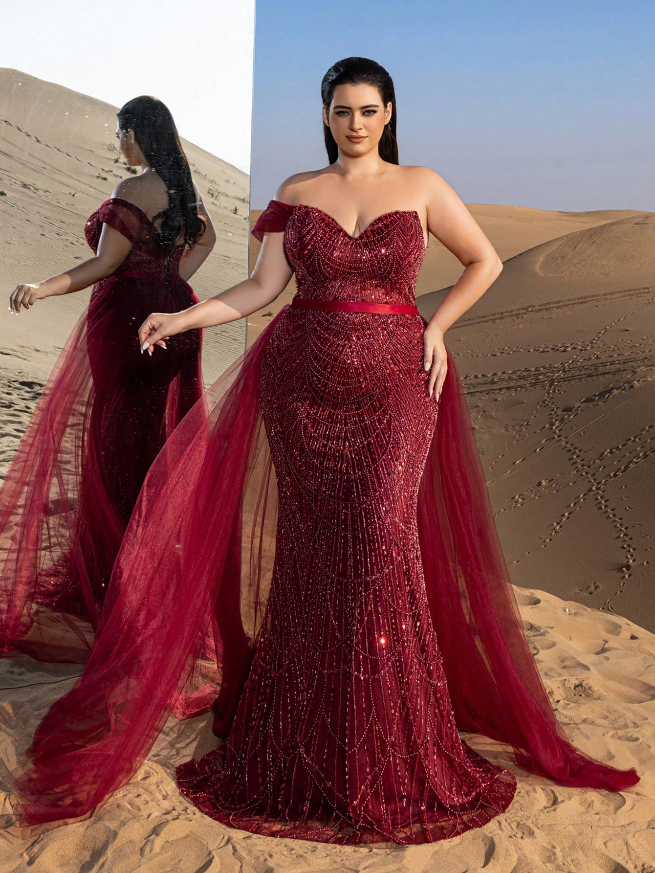 Plus Strapless Tulle Train Mermaid Hem Beaded Formal Prom Dresses & Evening Gowns