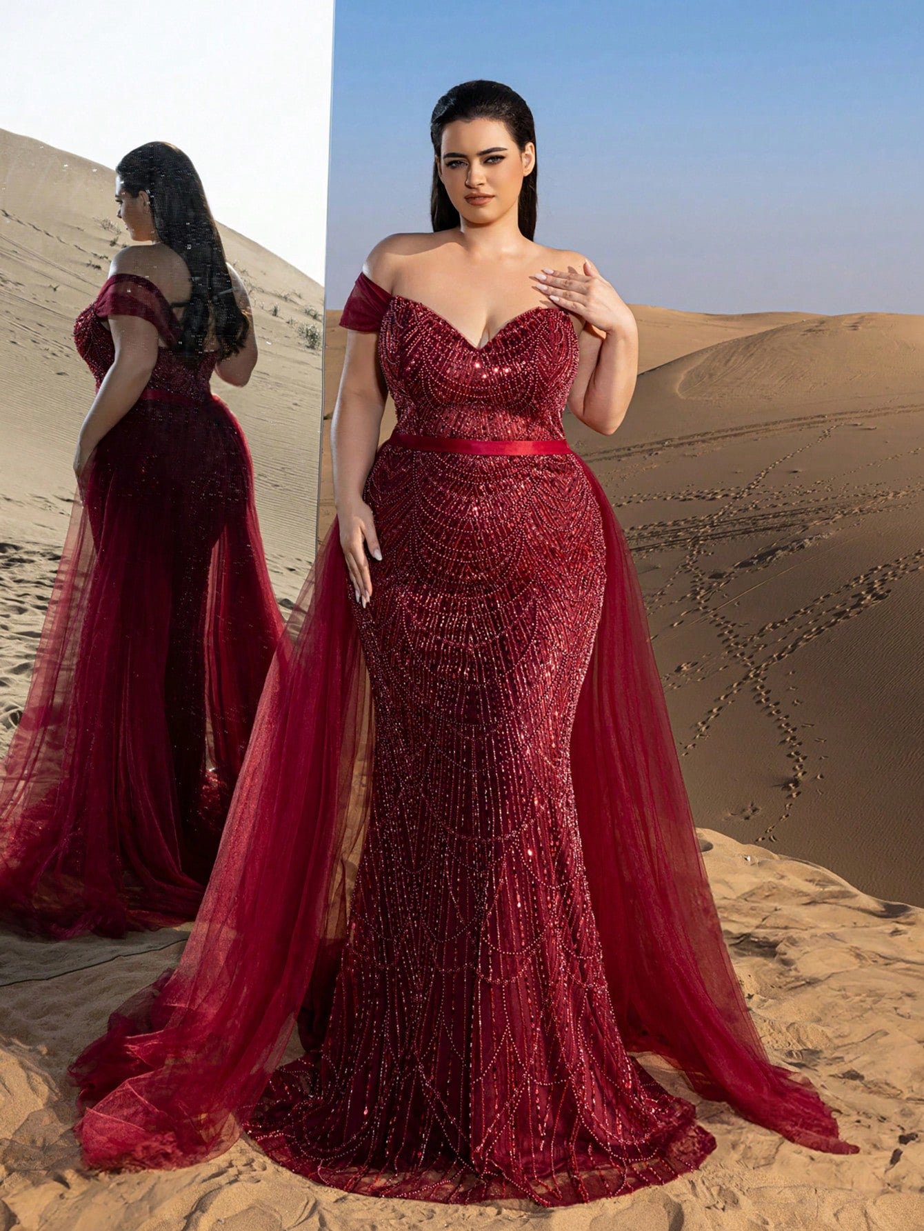 Plus Strapless Tulle Train Mermaid Hem Beaded Formal Prom Dresses & Evening Gowns