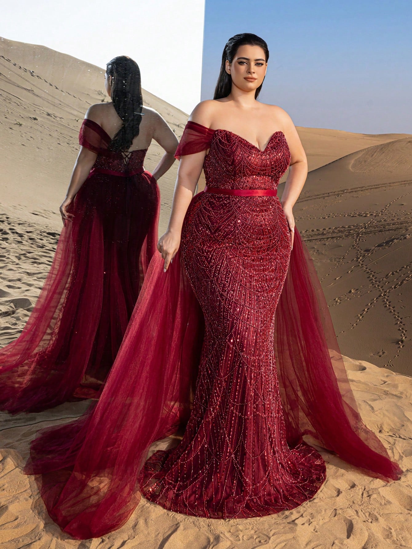 Plus Strapless Tulle Train Mermaid Hem Beaded Formal Prom Dresses & Evening Gowns