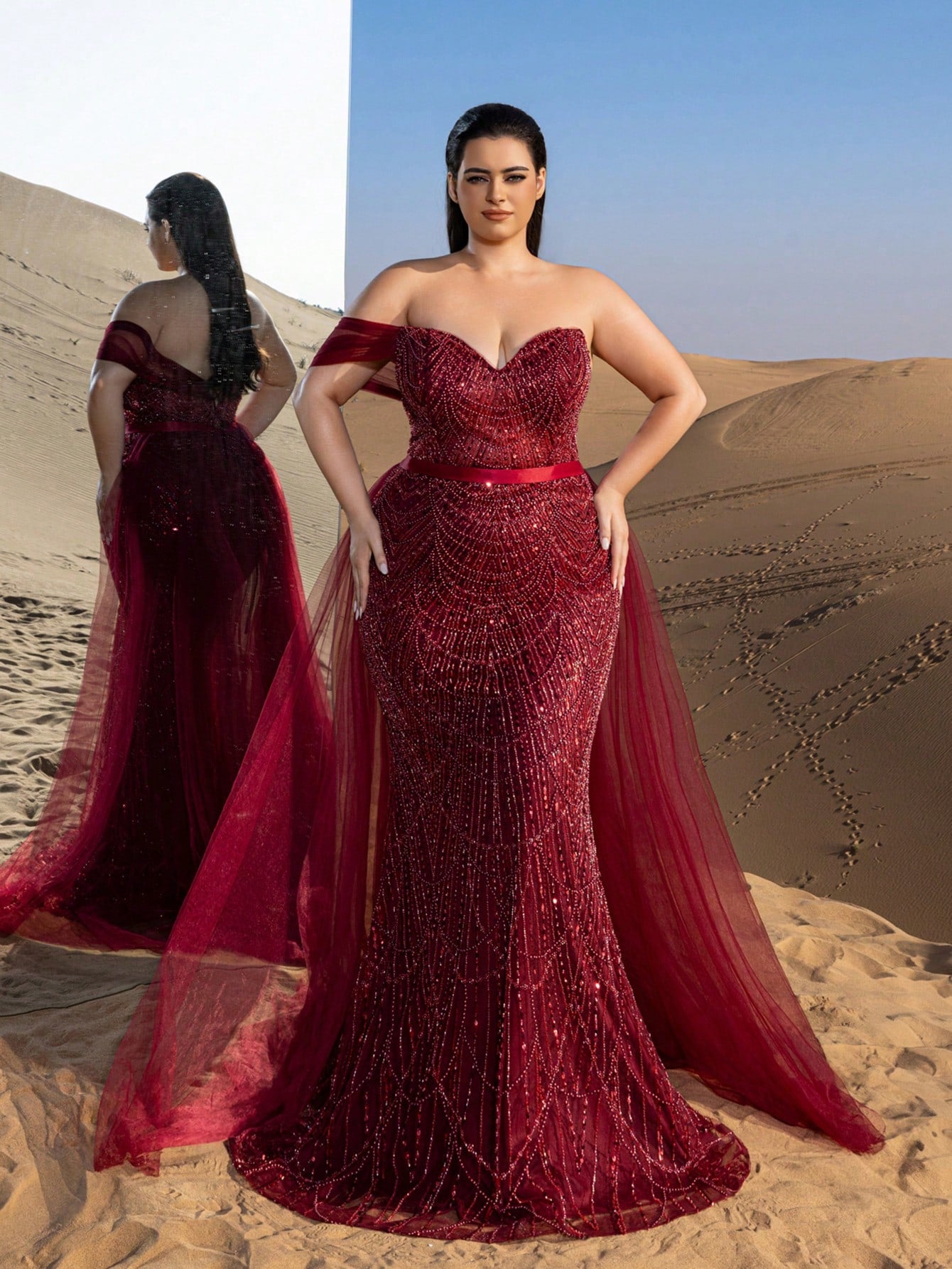 Plus Strapless Tulle Train Mermaid Hem Beaded Formal Prom Dresses & Evening Gowns