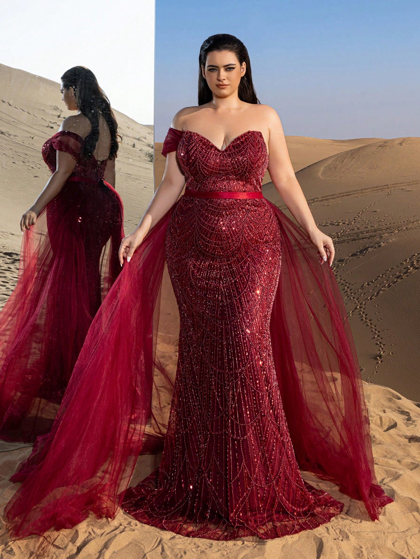 Plus Strapless Tulle Train Mermaid Hem Beaded Formal Prom Dresses & Evening Gowns