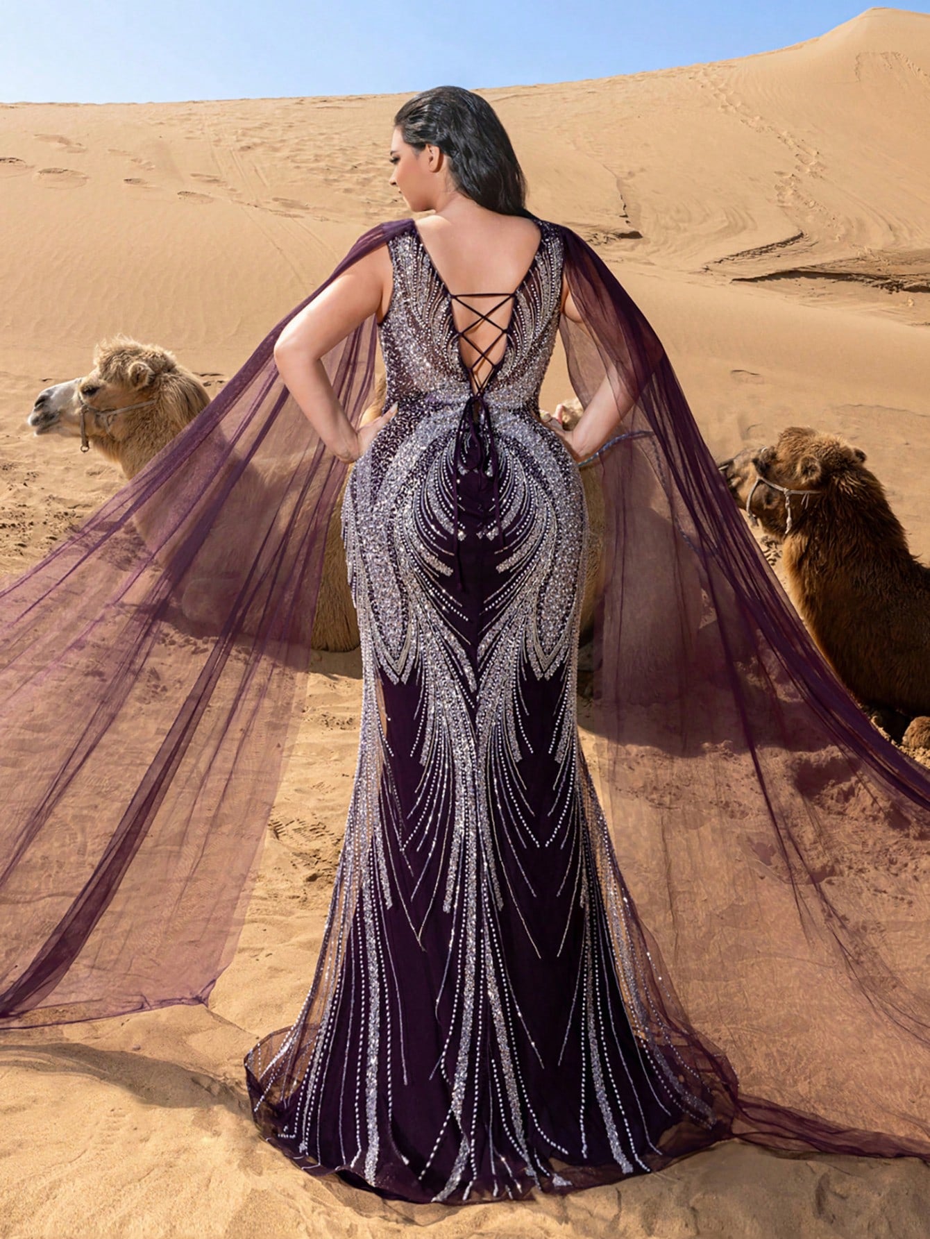 Plus Luxury Sheer Sleeves Mermaid Hem Beaded Sequin Formal Evening Dress
