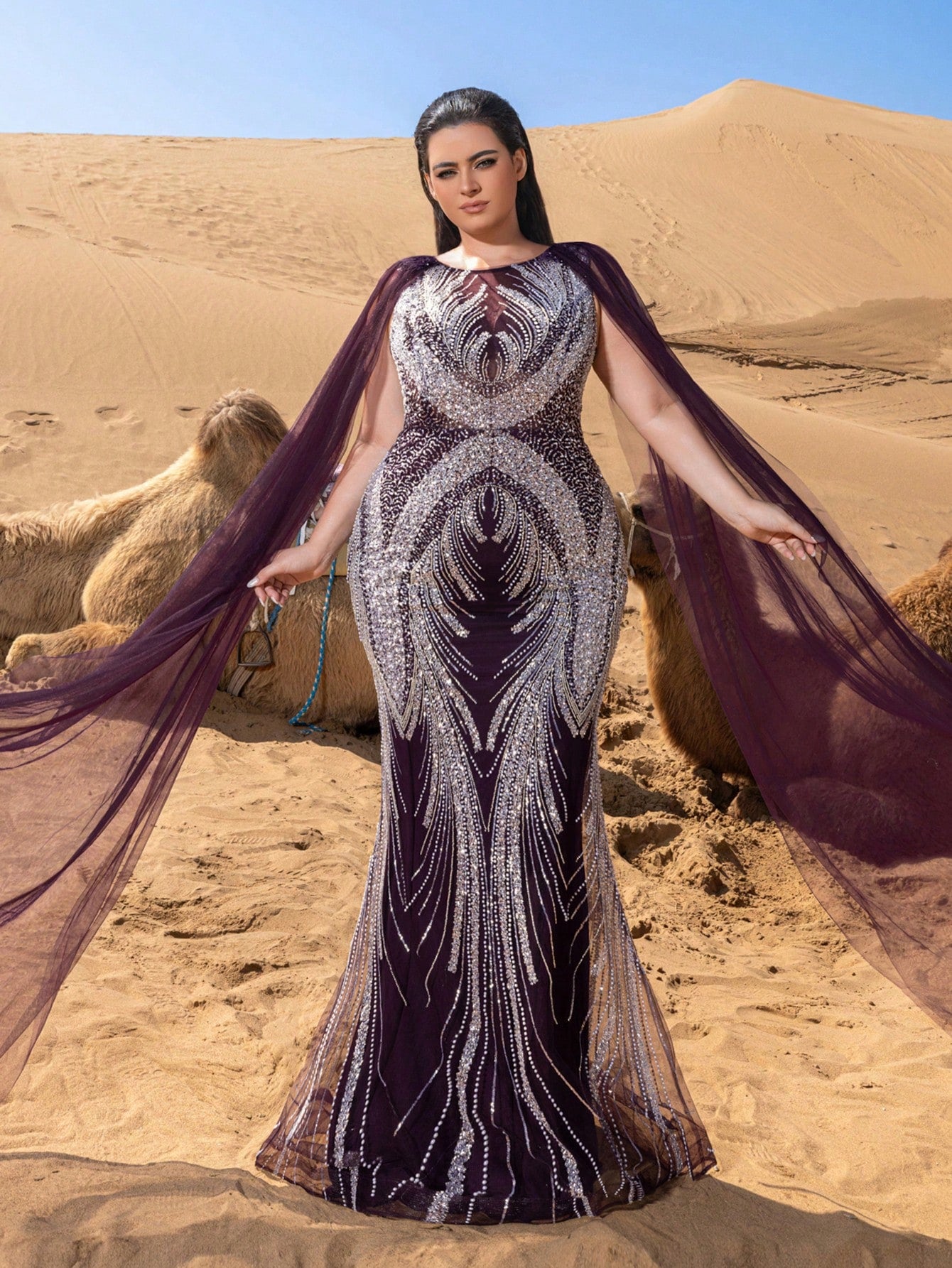 Plus Luxury Sheer Sleeves Mermaid Hem Beaded Sequin Formal Evening Dress
