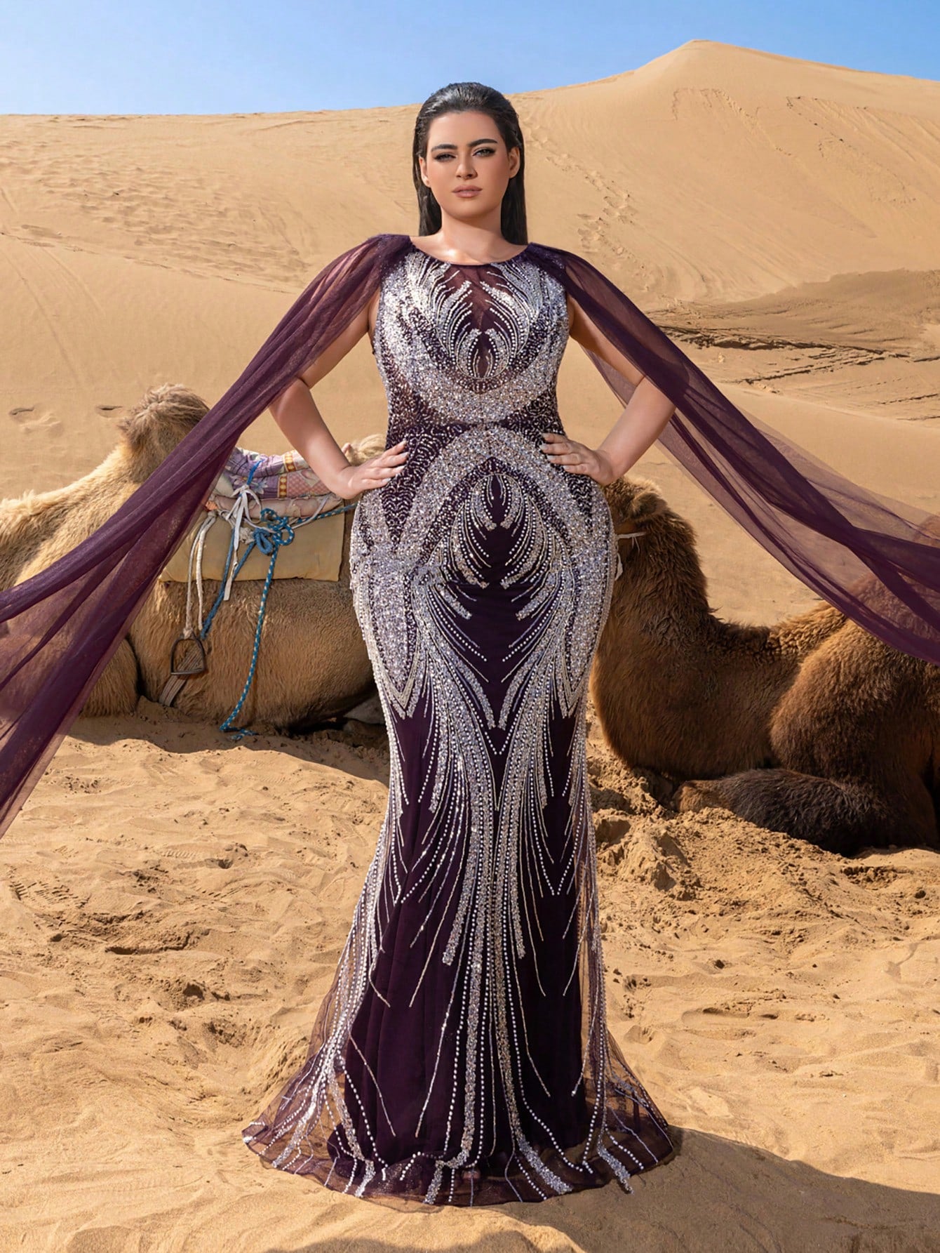 Plus Luxury Sheer Sleeves Mermaid Hem Beaded Sequin Formal Evening Dress