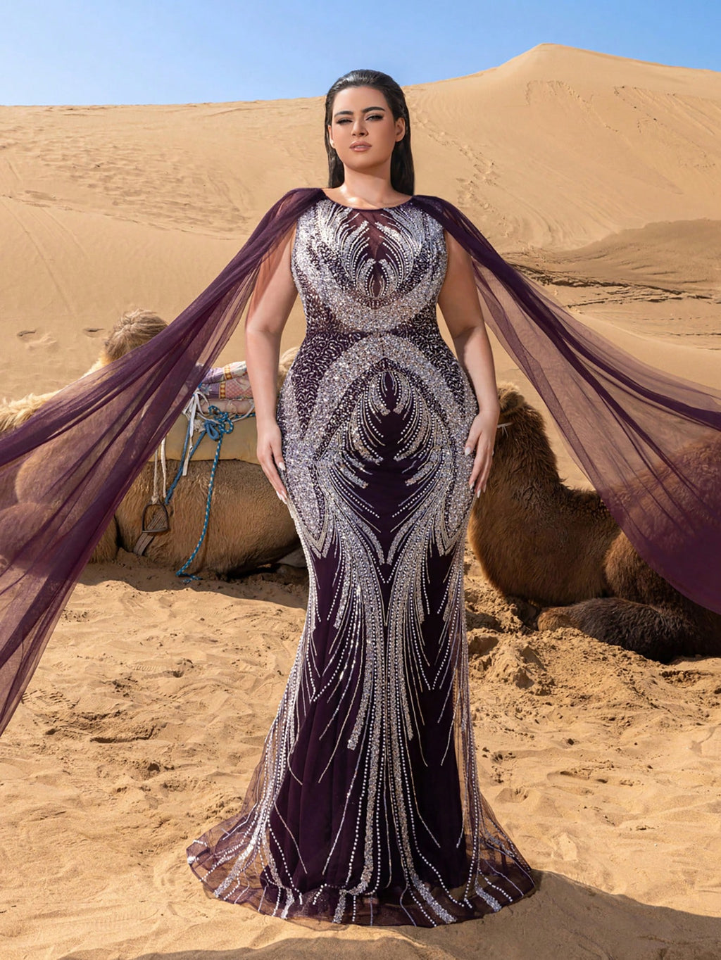 Plus Luxury Sheer Sleeves Mermaid Hem Beaded Sequin Formal Evening Dress