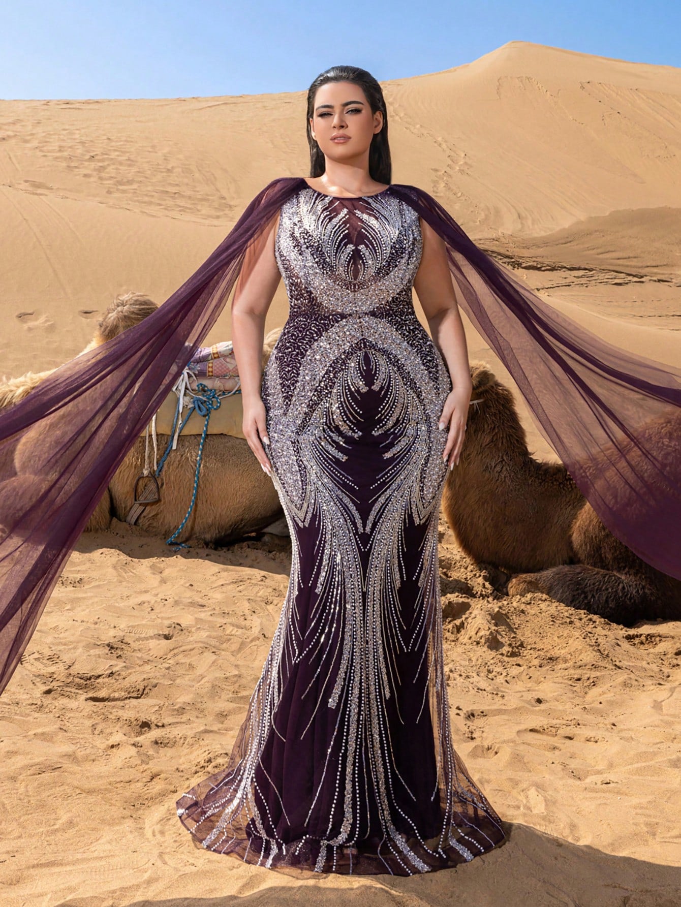 Plus Luxury Sheer Sleeves Mermaid Hem Beaded Sequin Formal Evening Dress