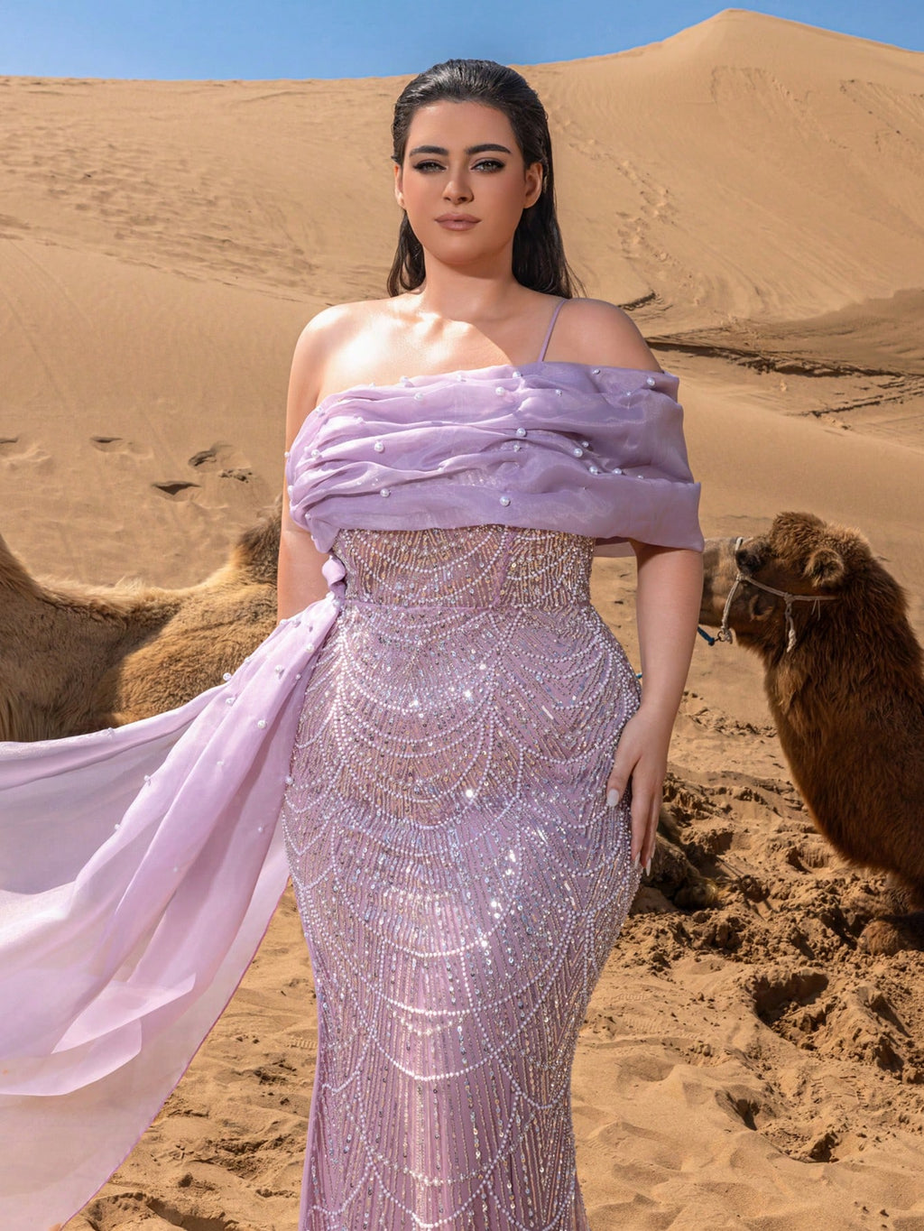 Plus-Size Beaded Mermaid Evening Gowns with Asymmetrical Neckline