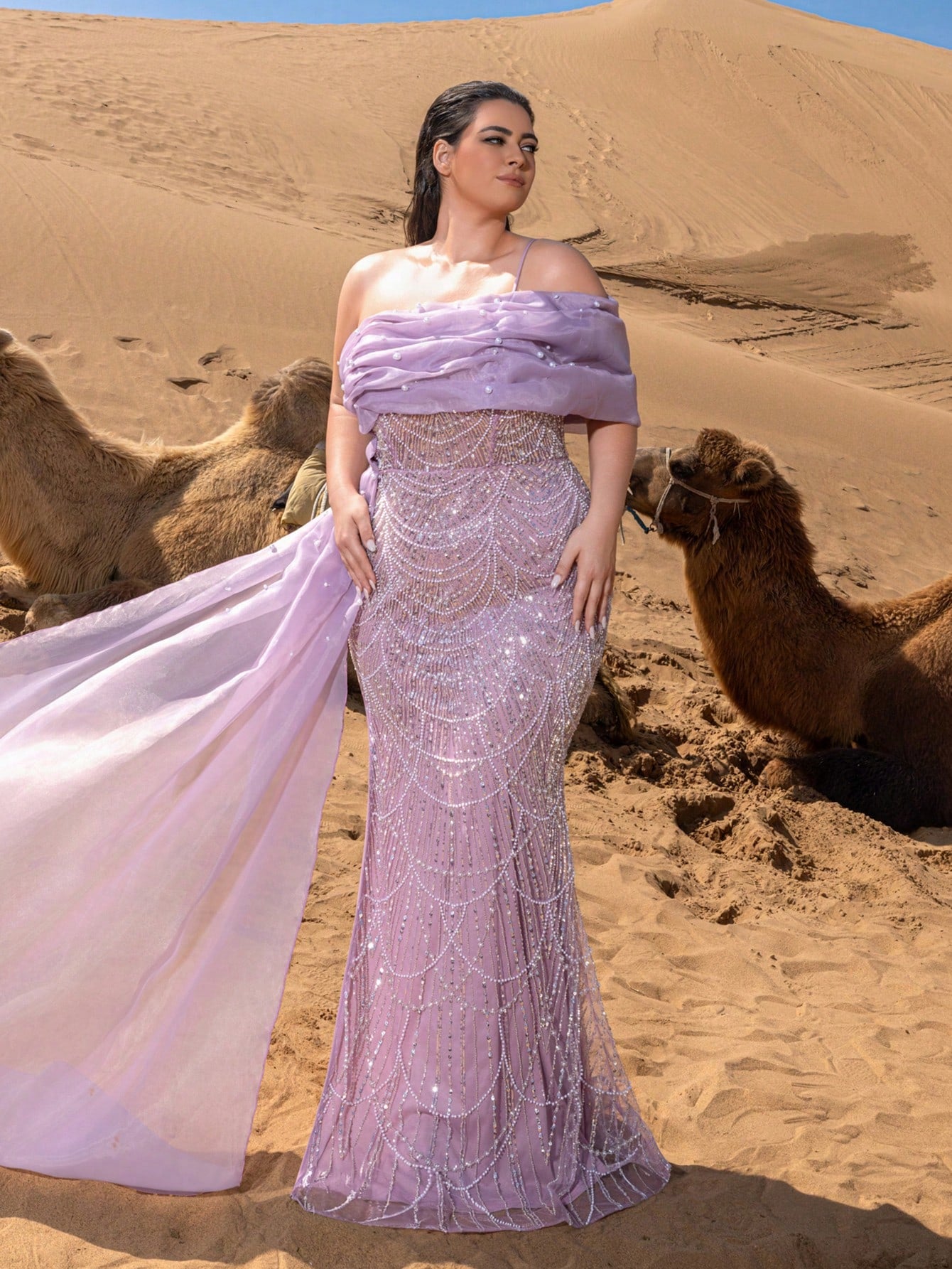 Plus-Size Beaded Mermaid Evening Gowns with Asymmetrical Neckline