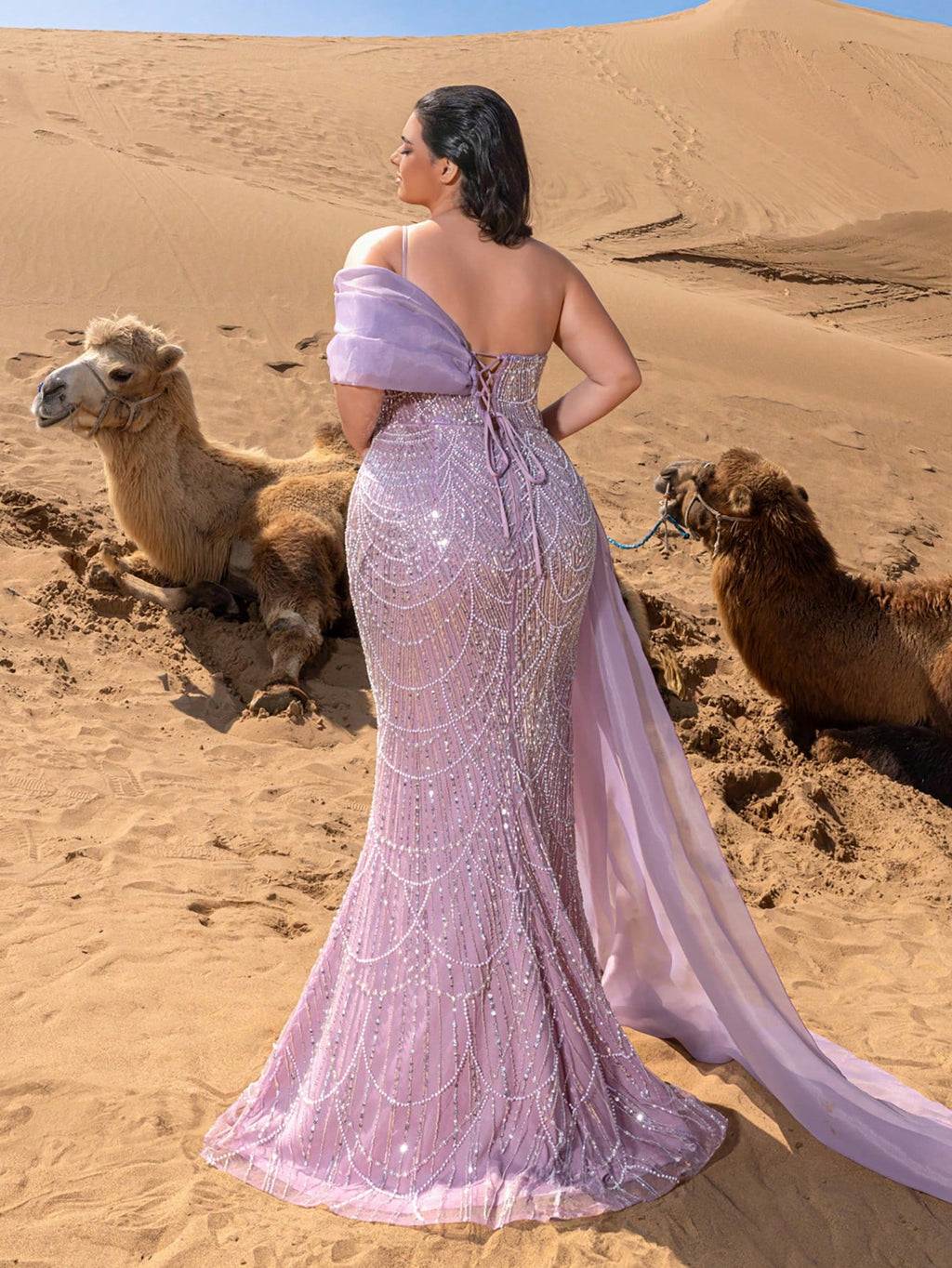 Plus-Size Beaded Mermaid Evening Gowns with Asymmetrical Neckline