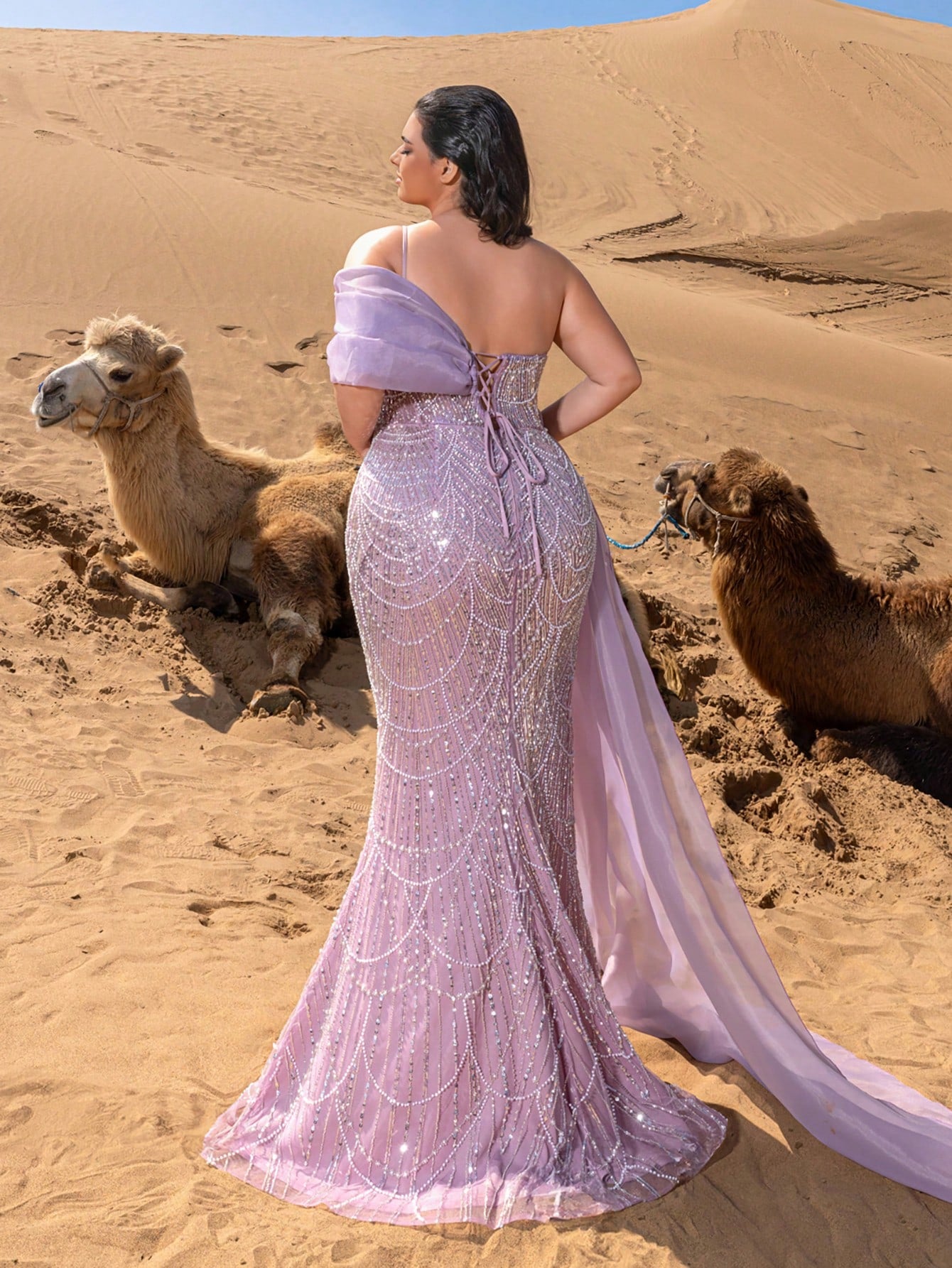 Plus-Size Beaded Mermaid Evening Gowns with Asymmetrical Neckline
