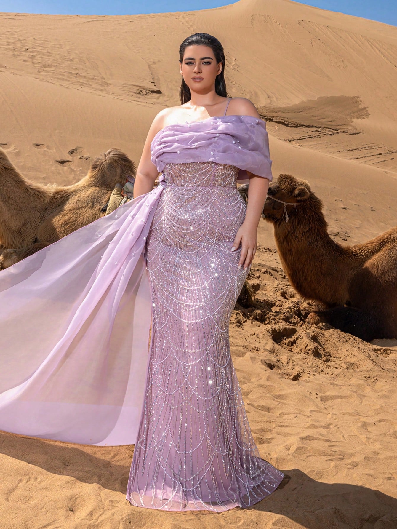 Plus-Size Beaded Mermaid Evening Gowns with Asymmetrical Neckline