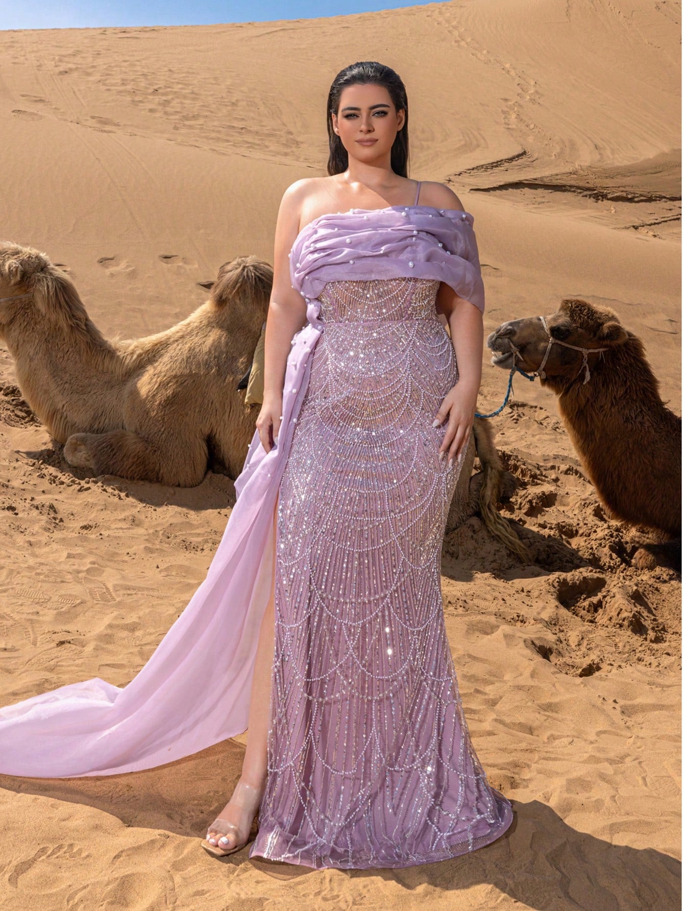 Plus-Size Beaded Mermaid Evening Gowns with Asymmetrical Neckline