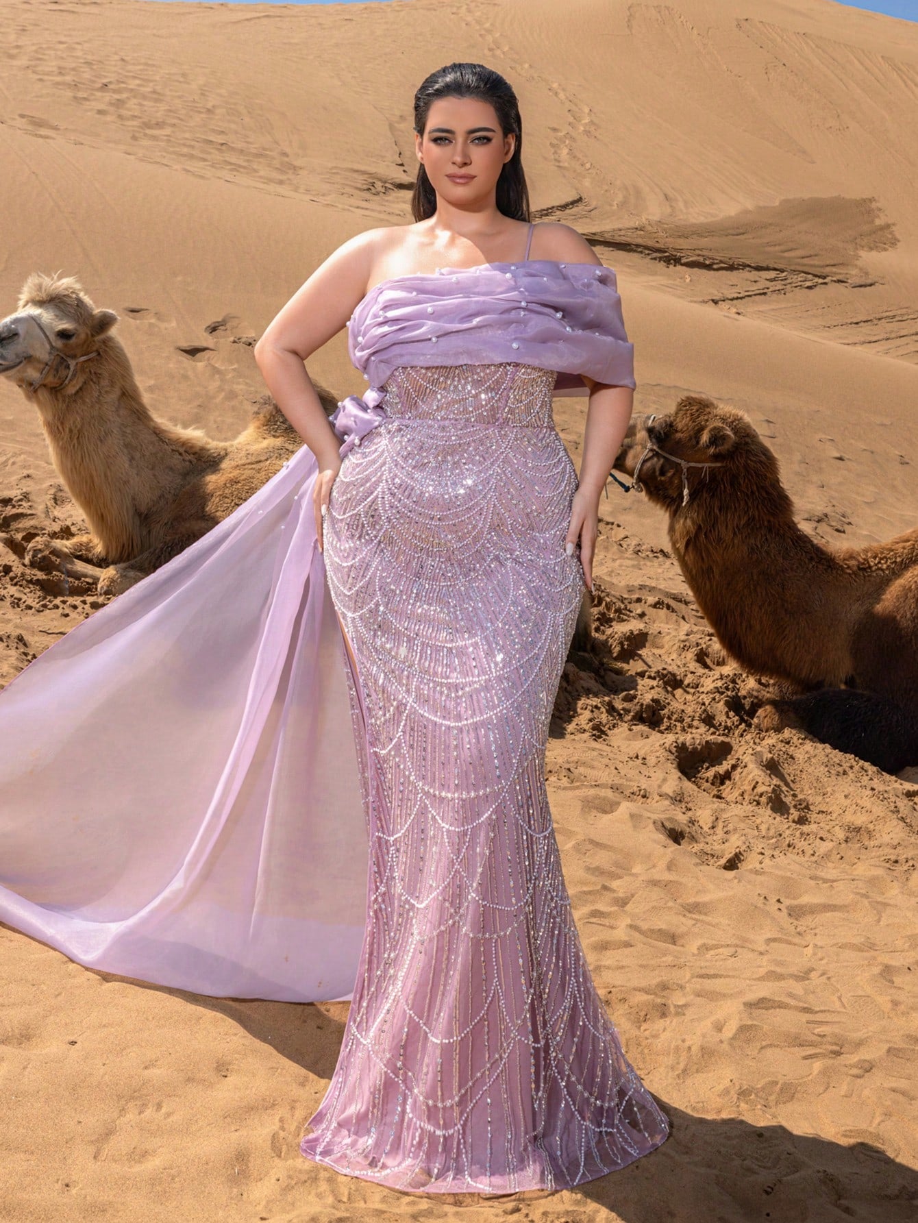 Plus-Size Beaded Mermaid Evening Gowns with Asymmetrical Neckline