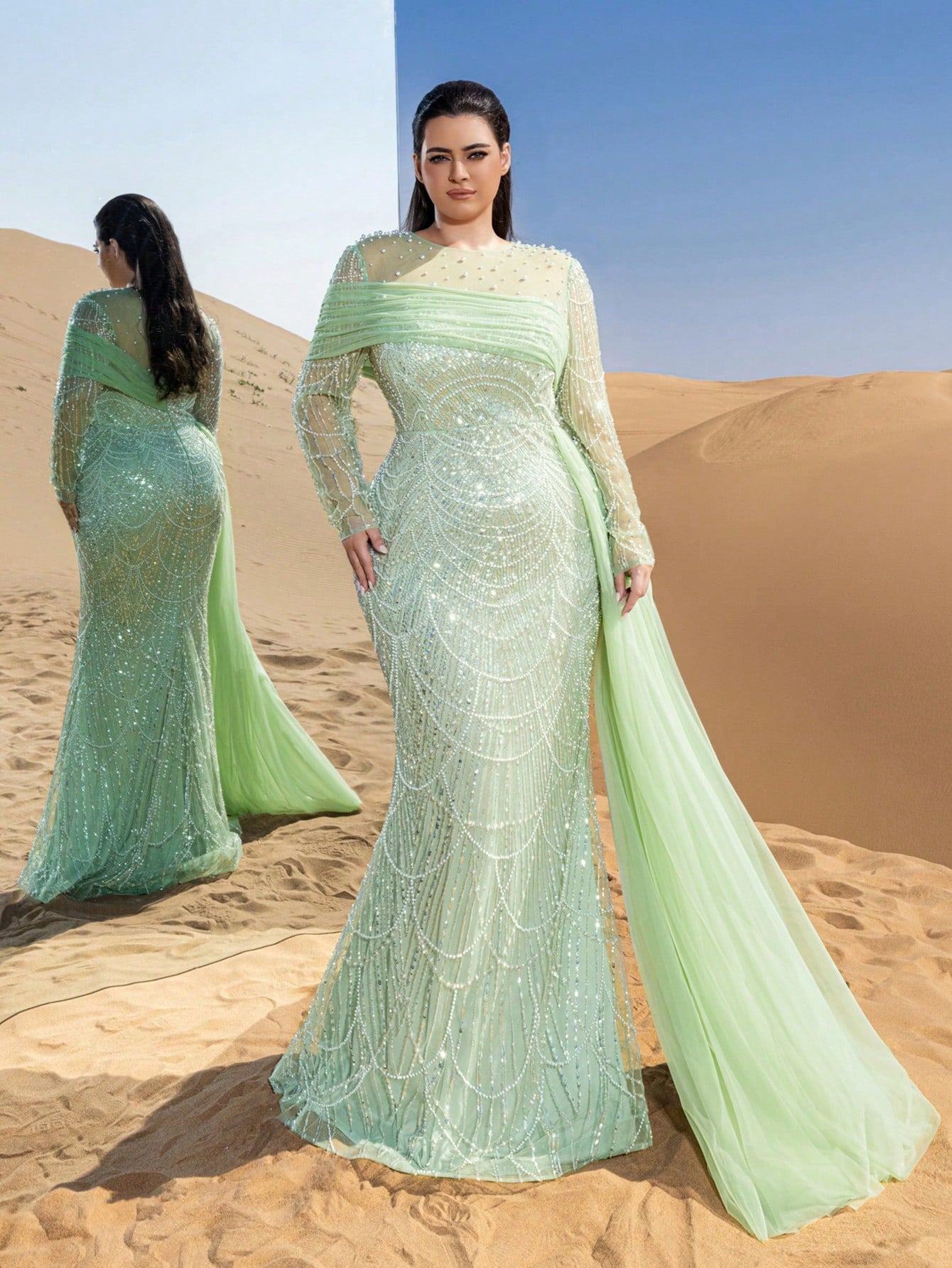 Plus Glittering Beaded Mermaid Evening Gown with Sheer Sleeves