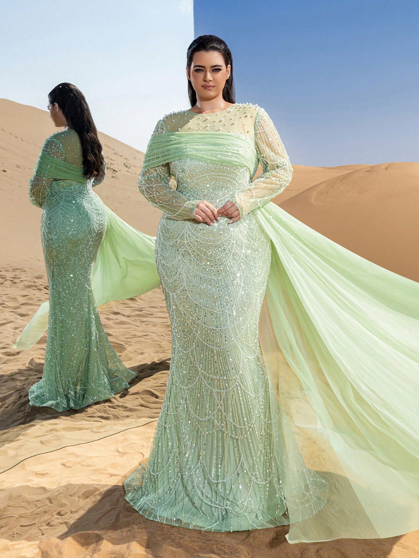 Plus Glittering Beaded Mermaid Evening Gown with Sheer Sleeves