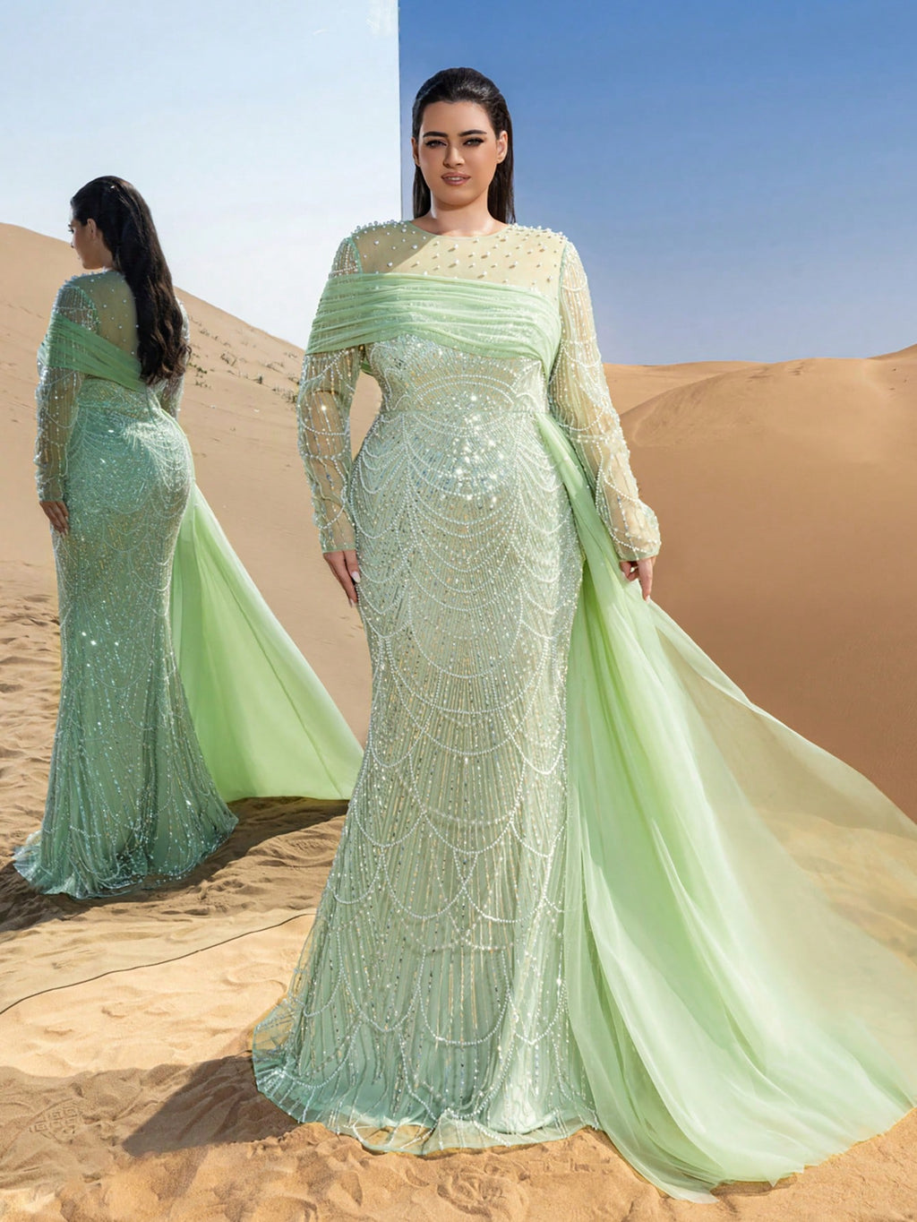 Plus Glittering Beaded Mermaid Evening Gown with Sheer Sleeves