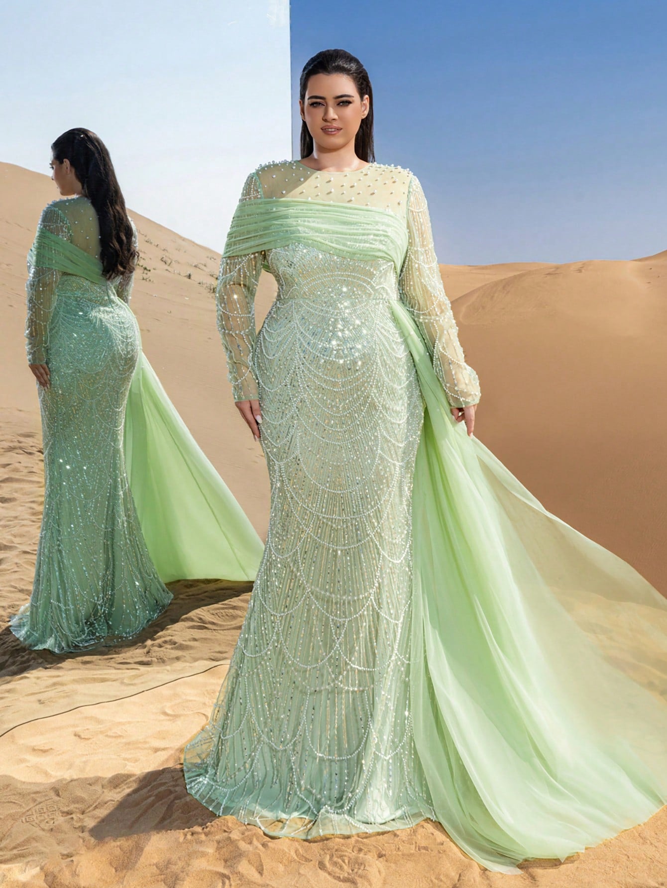 Plus Glittering Beaded Mermaid Evening Gown with Sheer Sleeves