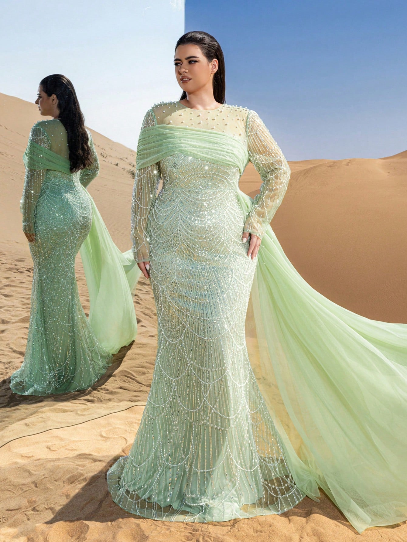 Plus Glittering Beaded Mermaid Evening Gown with Sheer Sleeves