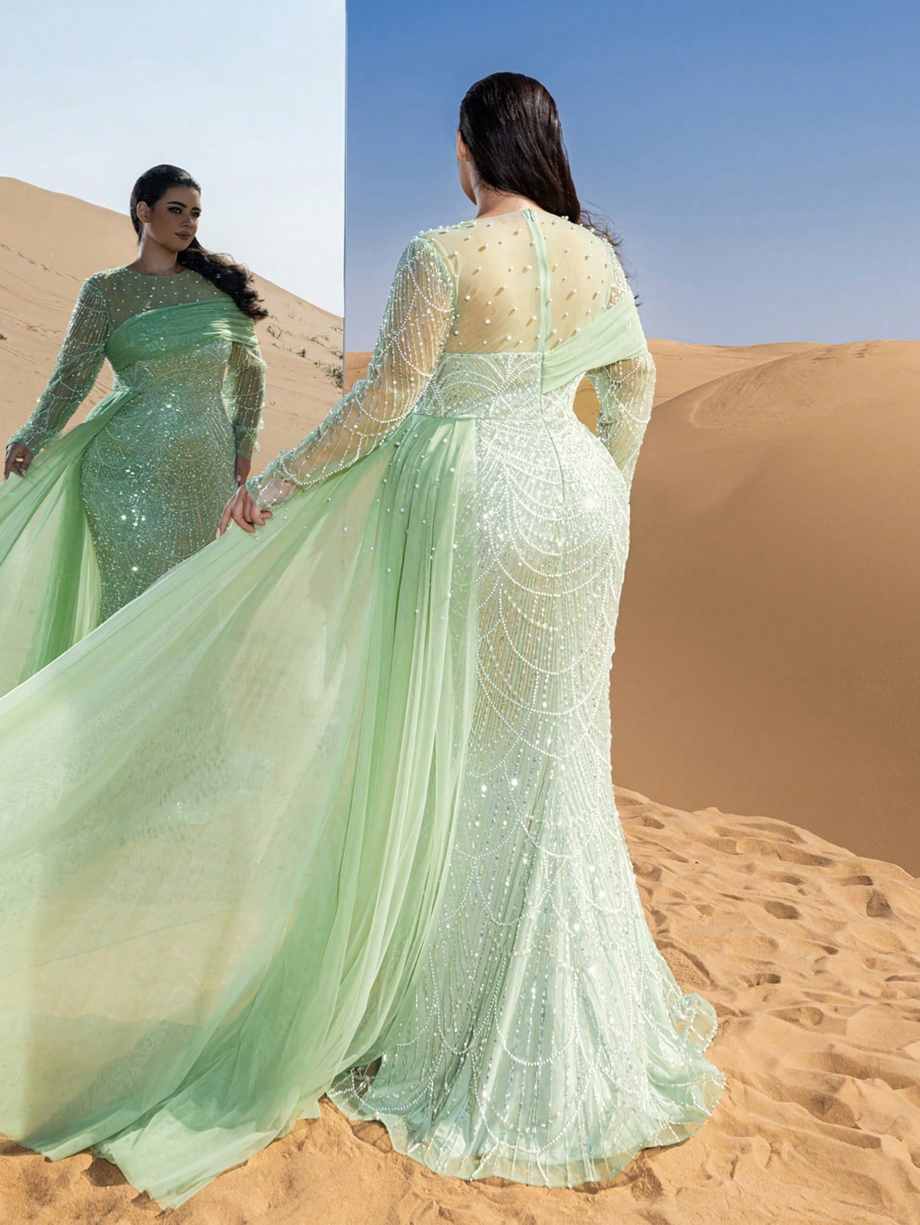 Plus Glittering Beaded Mermaid Evening Gown with Sheer Sleeves